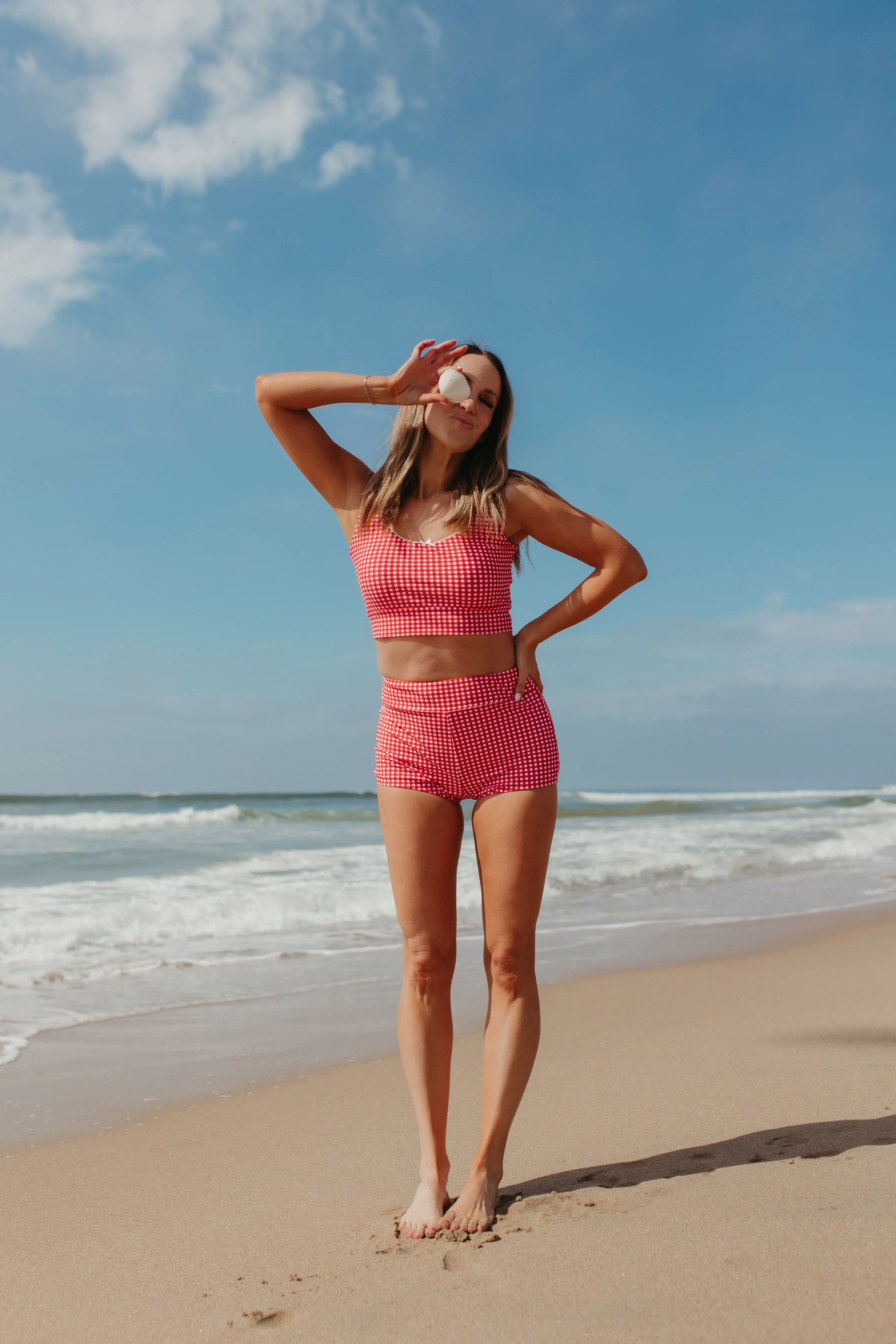 BEACHCOMBER SPORTY SWIM BOY SHORT IN RED GINGHAM BY PINK DESERT - Image 4