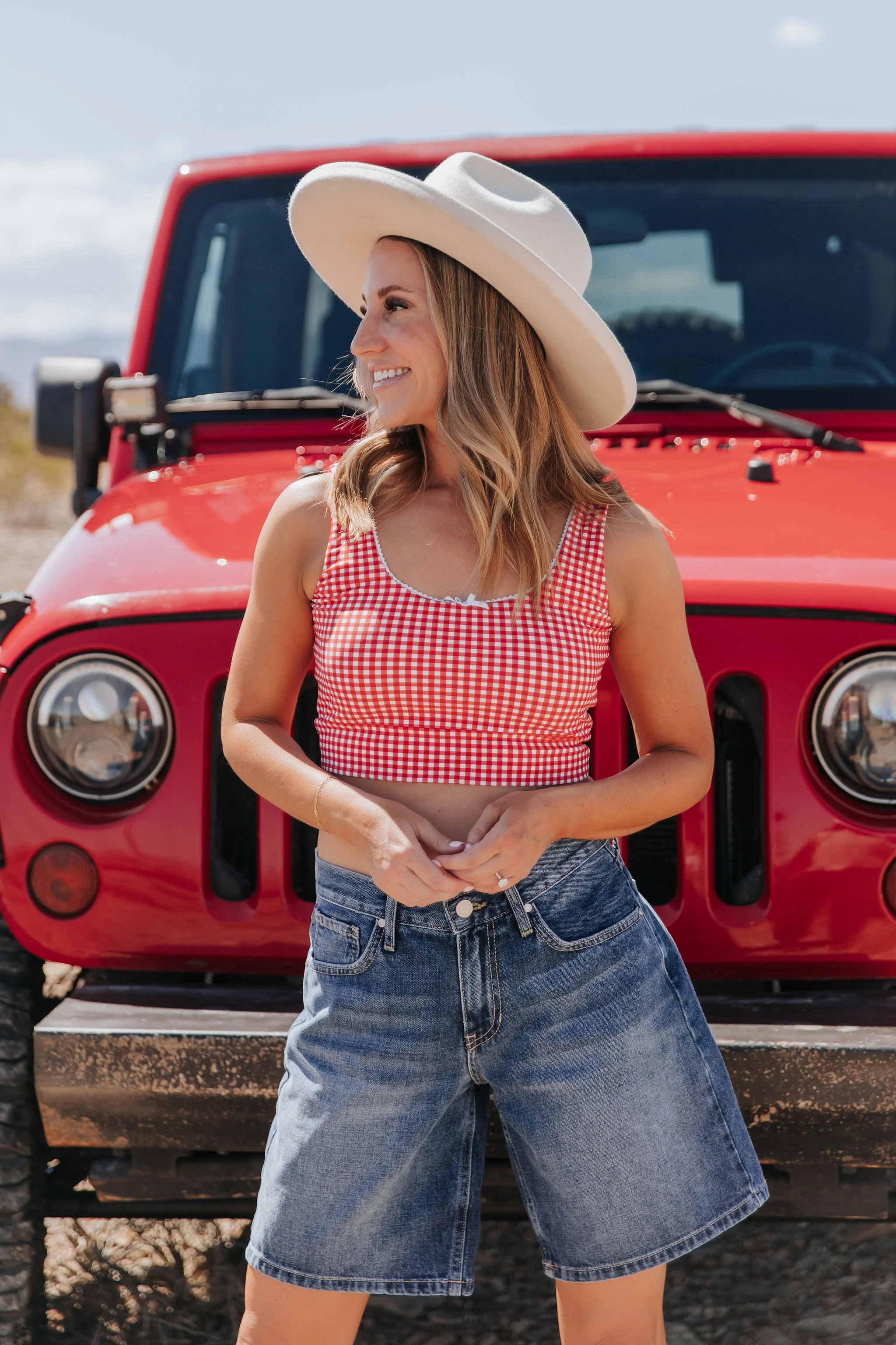 BEACHCOMBER SPORTY SWIM TOP IN RED GINGHAM BY PINK DESERT - Image 6