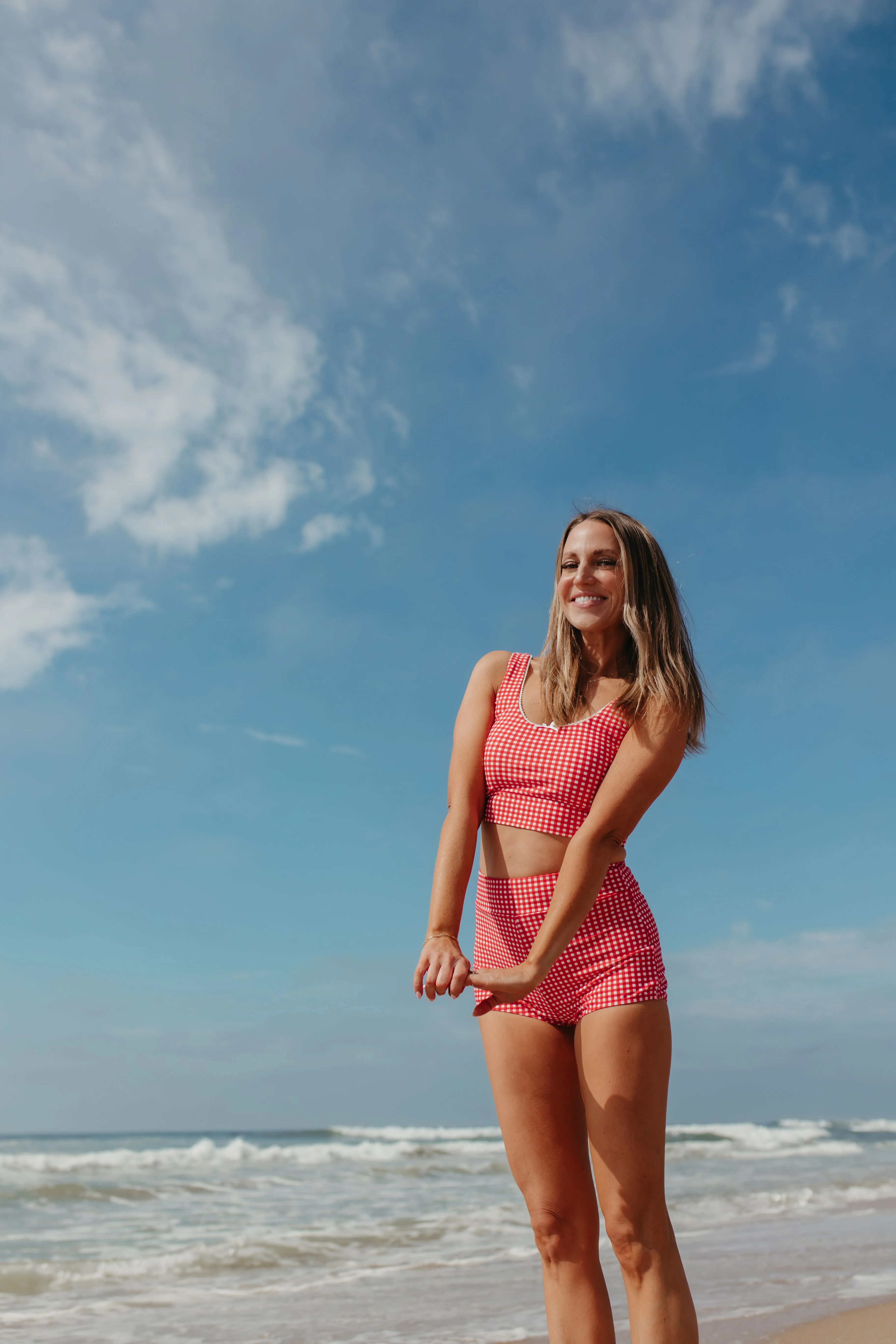 BEACHCOMBER SPORTY SWIM TOP IN RED GINGHAM BY PINK DESERT - Image 9