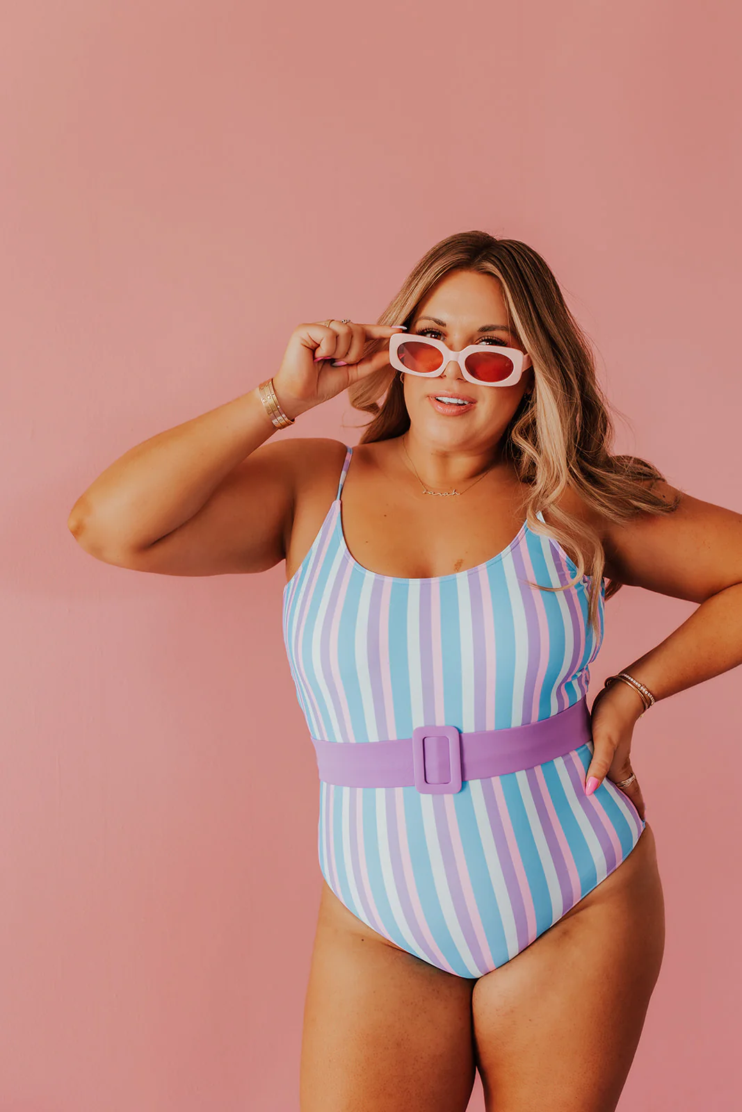 BELTED ONE PIECE IN COTTON CANDY STRIPE BY SARAH TRIPP X PINK DESERT