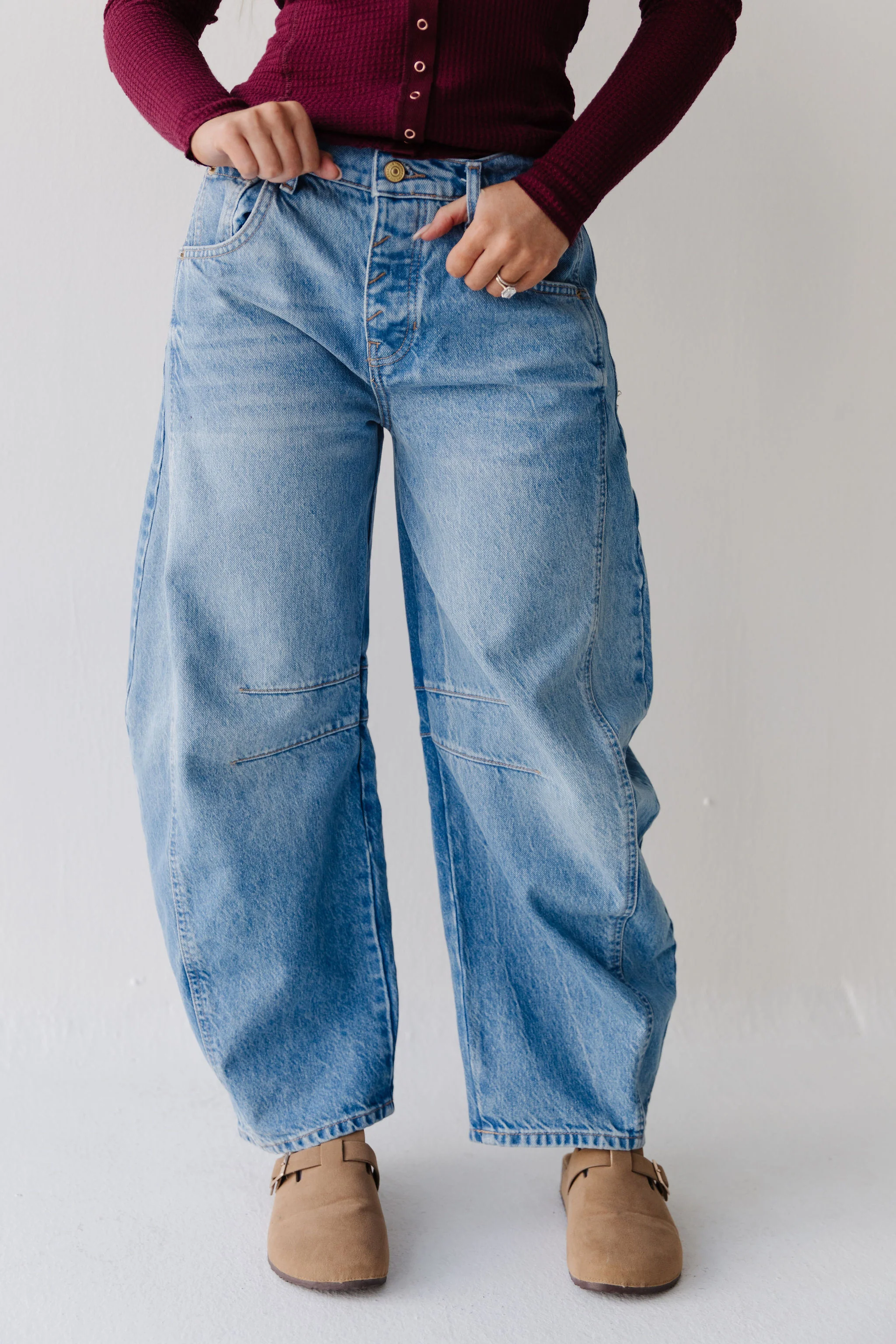 FREE PEOPLE GOOD LUCK MID RISE BARREL JEAN IN ULTRA LIGHT - Image 4