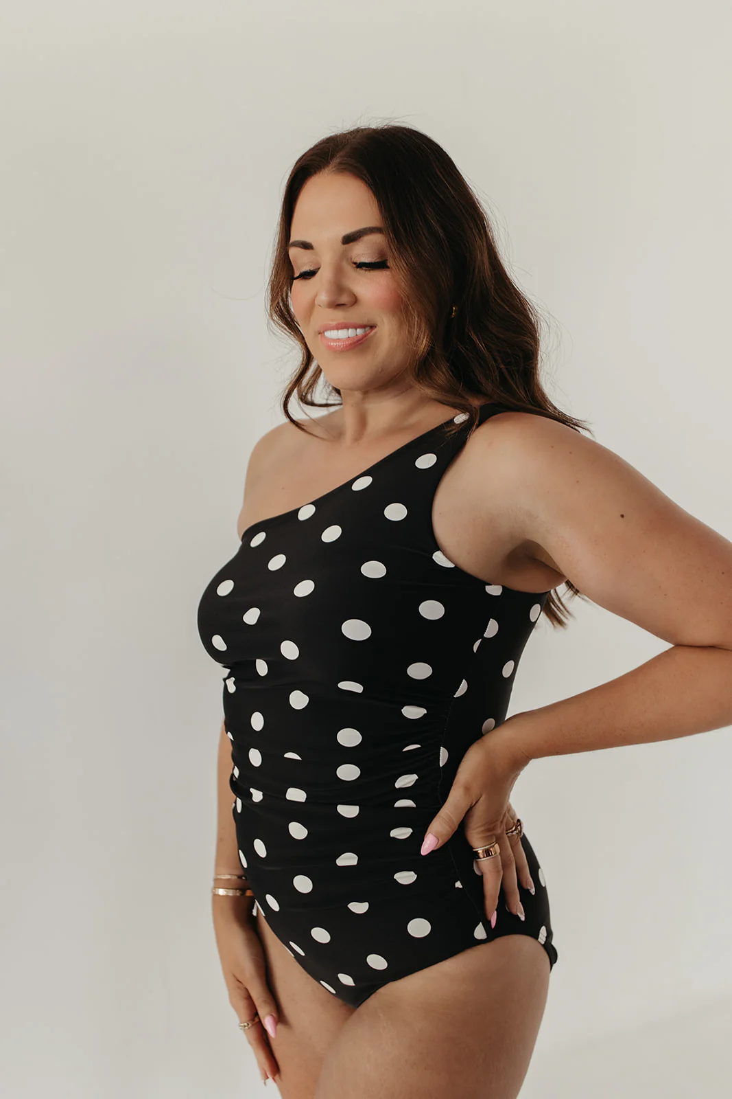 RUCHED ONE SHOULDER ONE PIECE IN DOTS BY PINK DESERT - Image 3