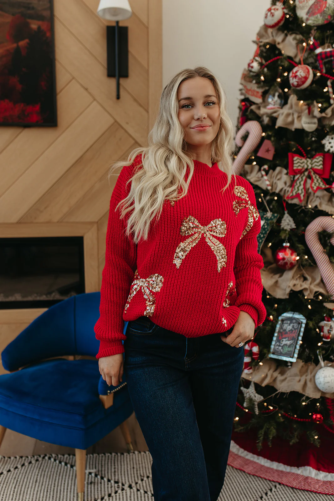 THE ABIGAIL SEQUIN BOWS HOLIDAY SWEATER IN RED - Image 4