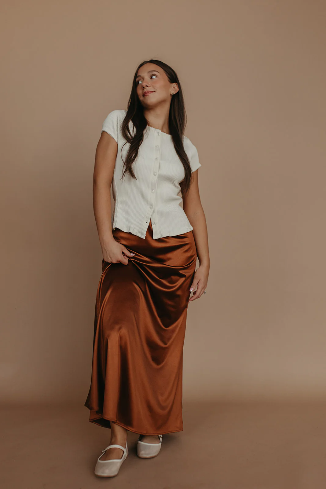 THE AIKO SATIN SKIRT IN CHOCOLATE