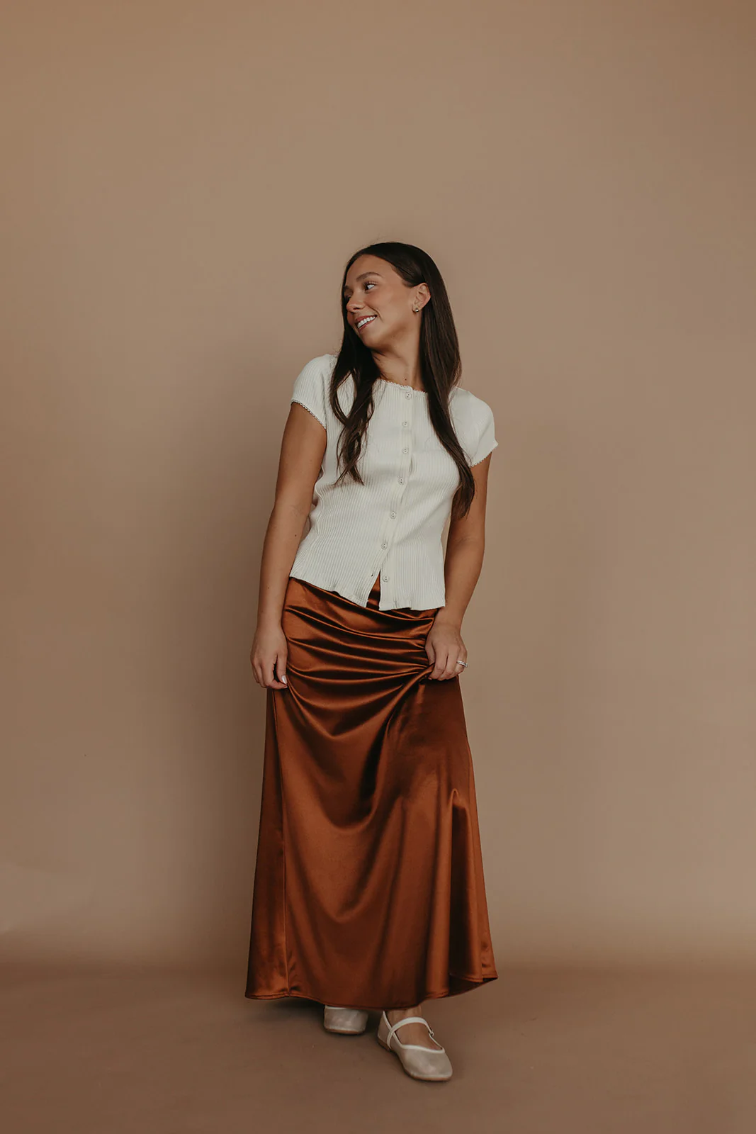 THE AIKO SATIN SKIRT IN CHOCOLATE - Image 3