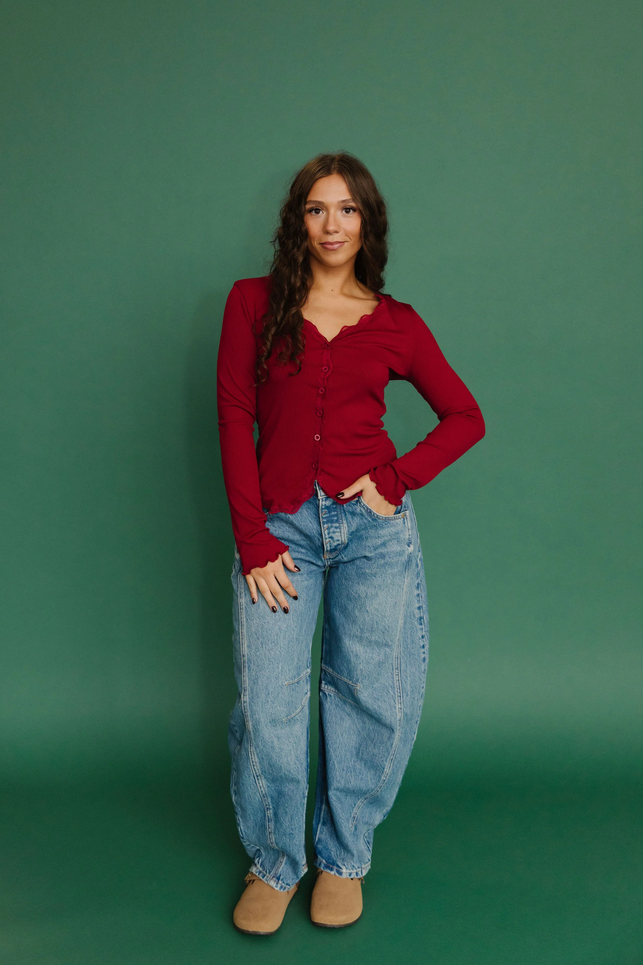 THE ALAINA LACE TRIM BUTTON DOWN IN RED - Image 3