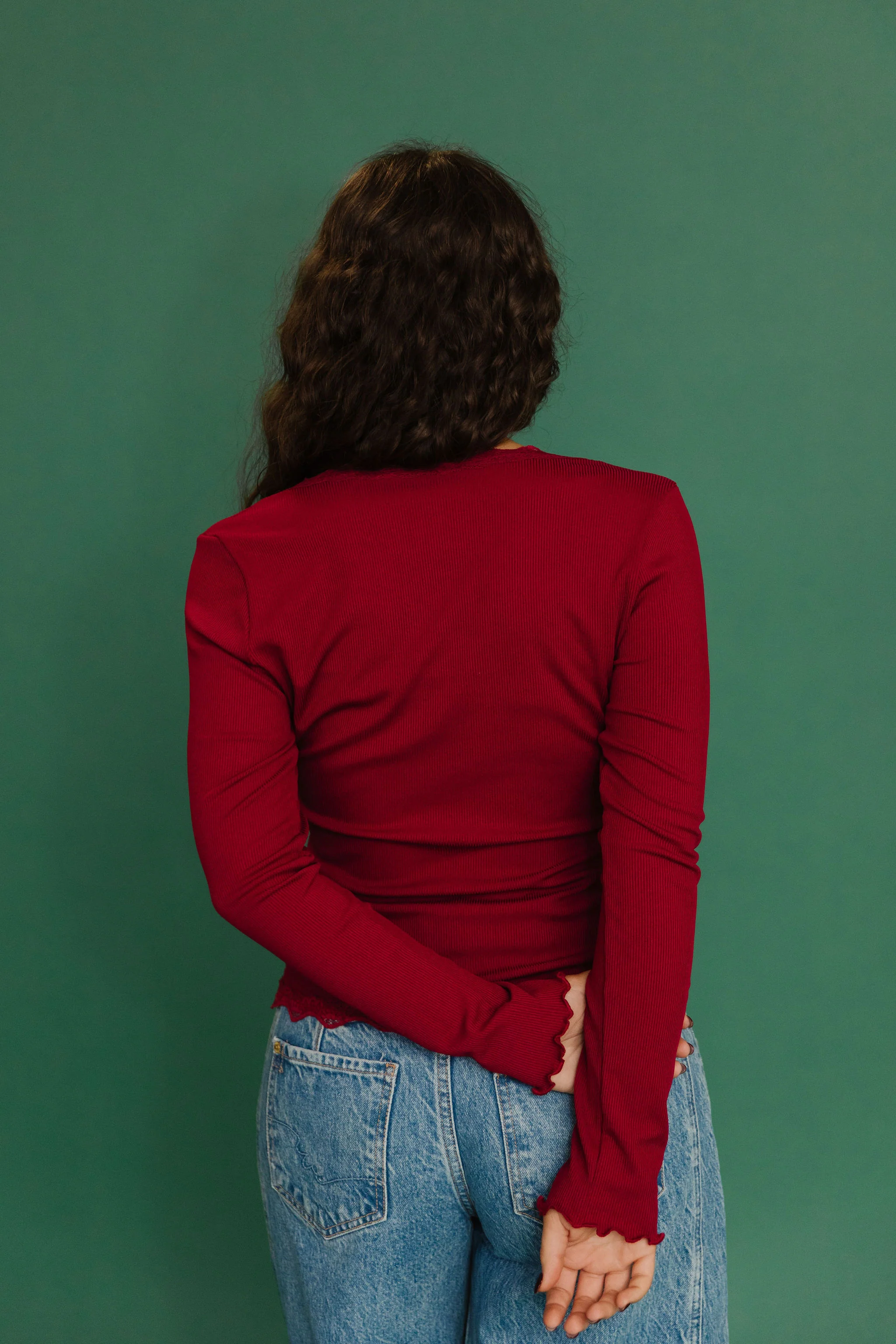THE ALAINA LACE TRIM BUTTON DOWN IN RED - Image 5