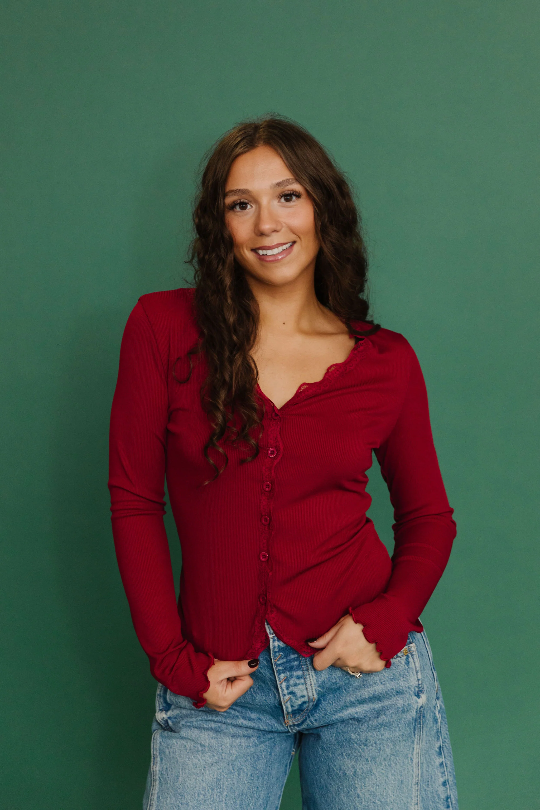 THE ALAINA LACE TRIM BUTTON DOWN IN RED - Image 7