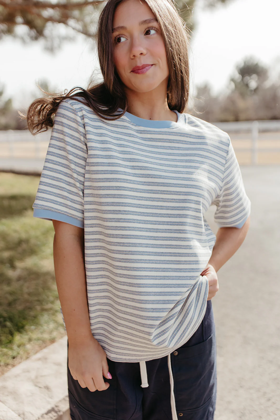 THE ALDEN STRIPED TOP IN SKY BLUE