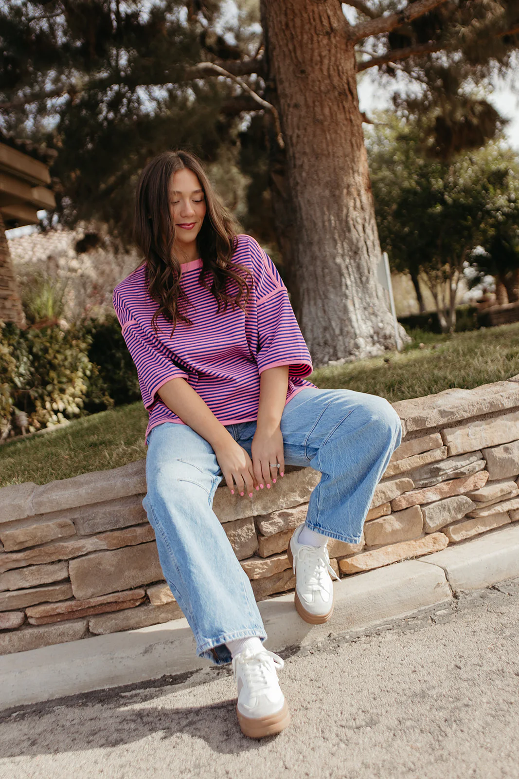 THE ALICIA STRIPED OVERSIZED KNIT TOP IN PINK