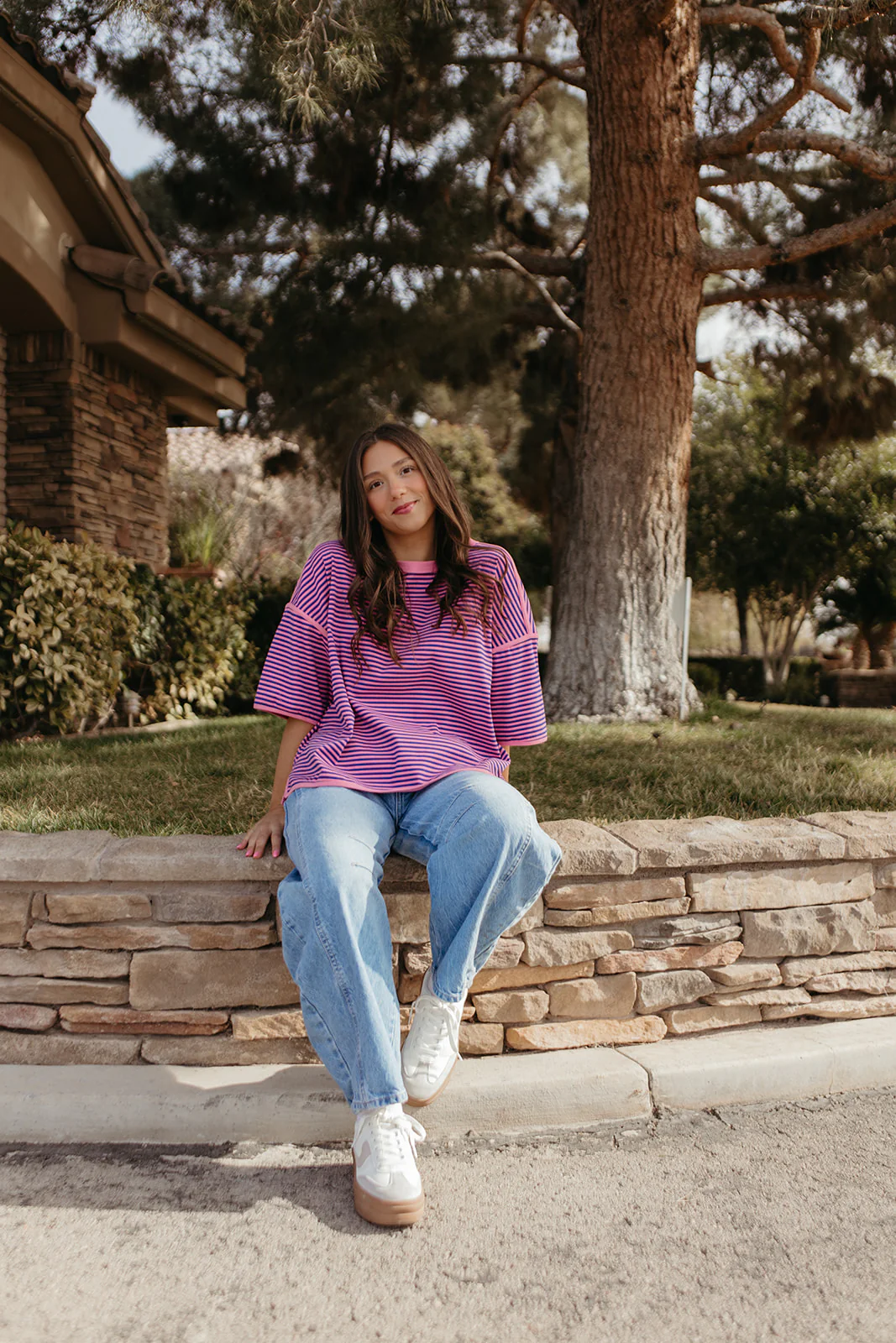 THE ALICIA STRIPED OVERSIZED KNIT TOP IN PINK - Image 2