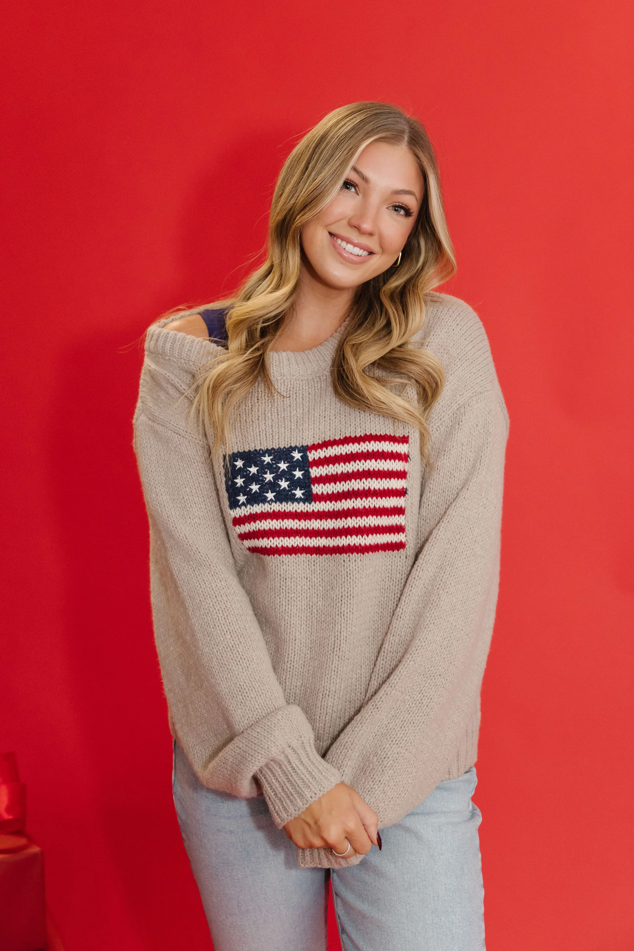THE ALL AMERICAN OFF THE SHOULDER SWEATER IN OATMEAL - Image 3