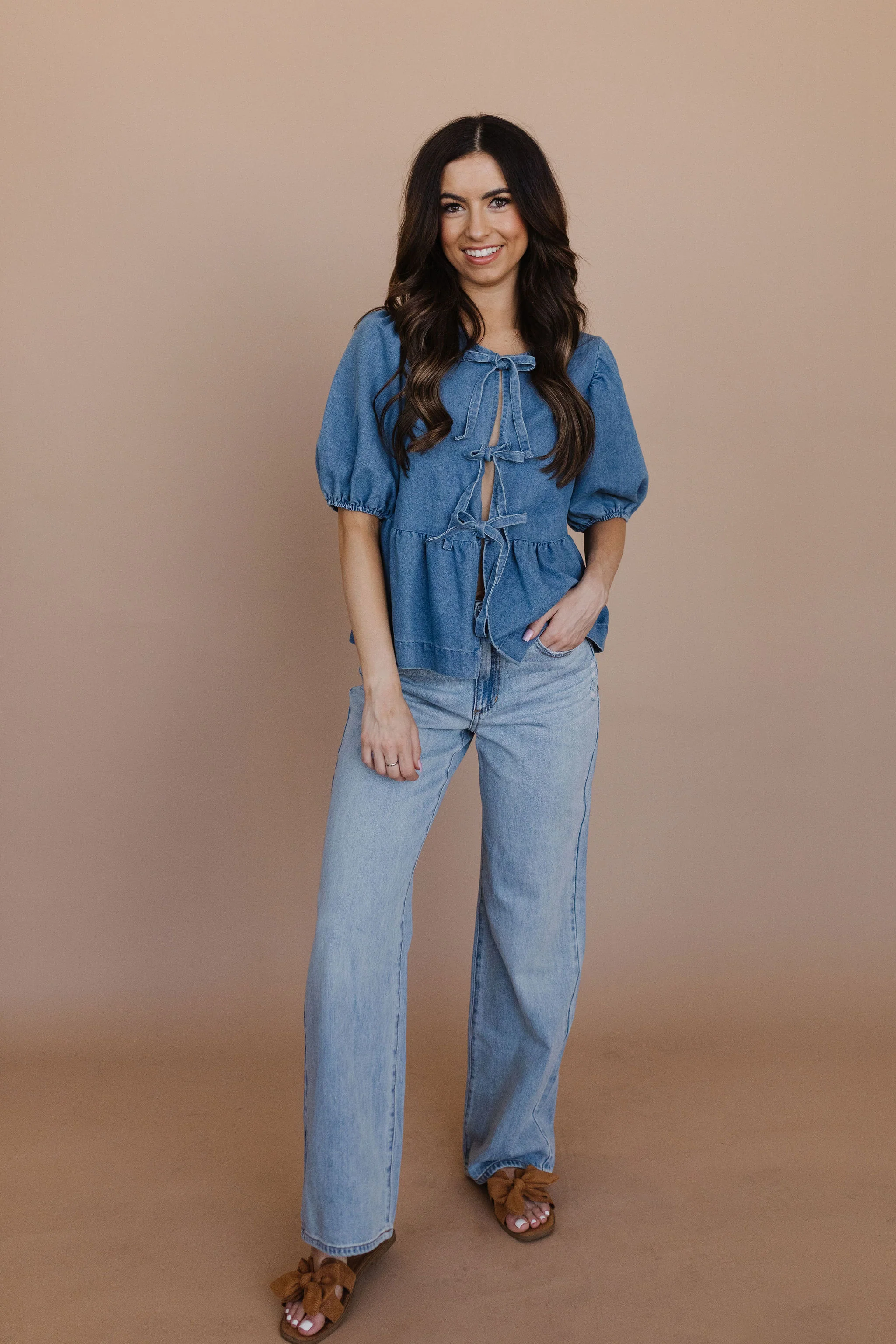 THE AMBER TIE FRONT TOP IN DENIM - Image 3