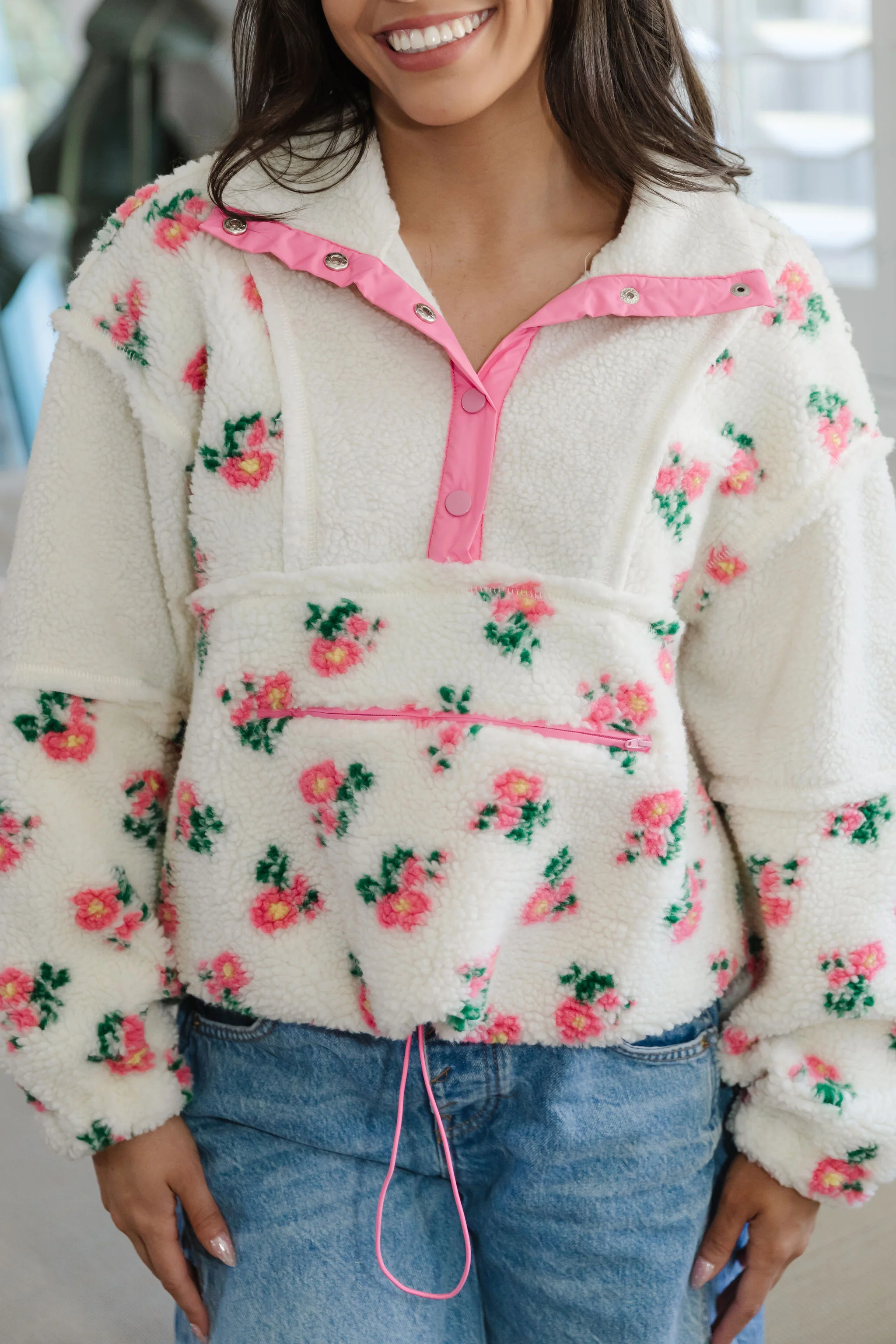 THE AMELIA PINK FLORAL SHERPA IN CREAM - Image 2