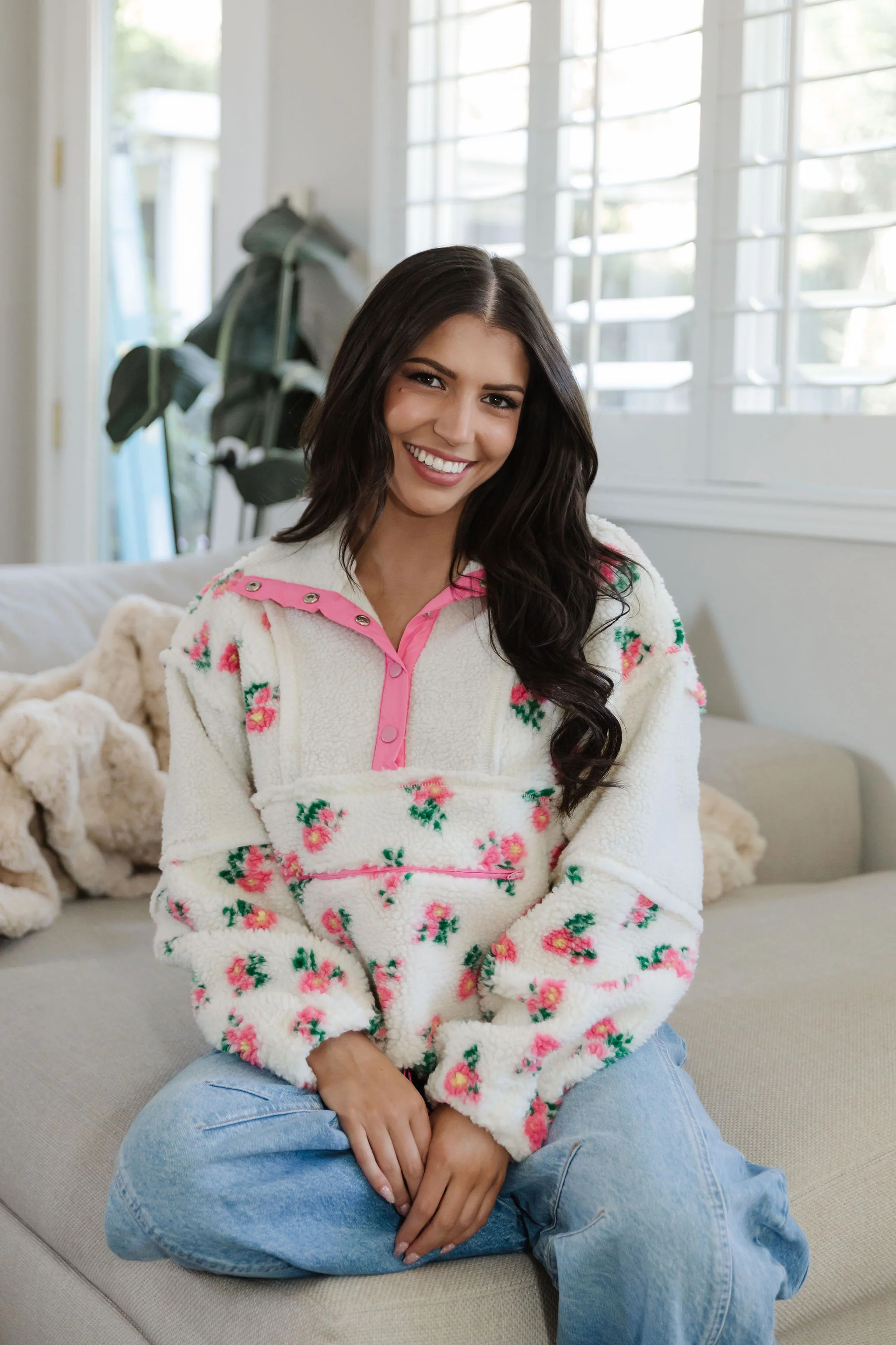 THE AMELIA PINK FLORAL SHERPA IN CREAM - Image 3