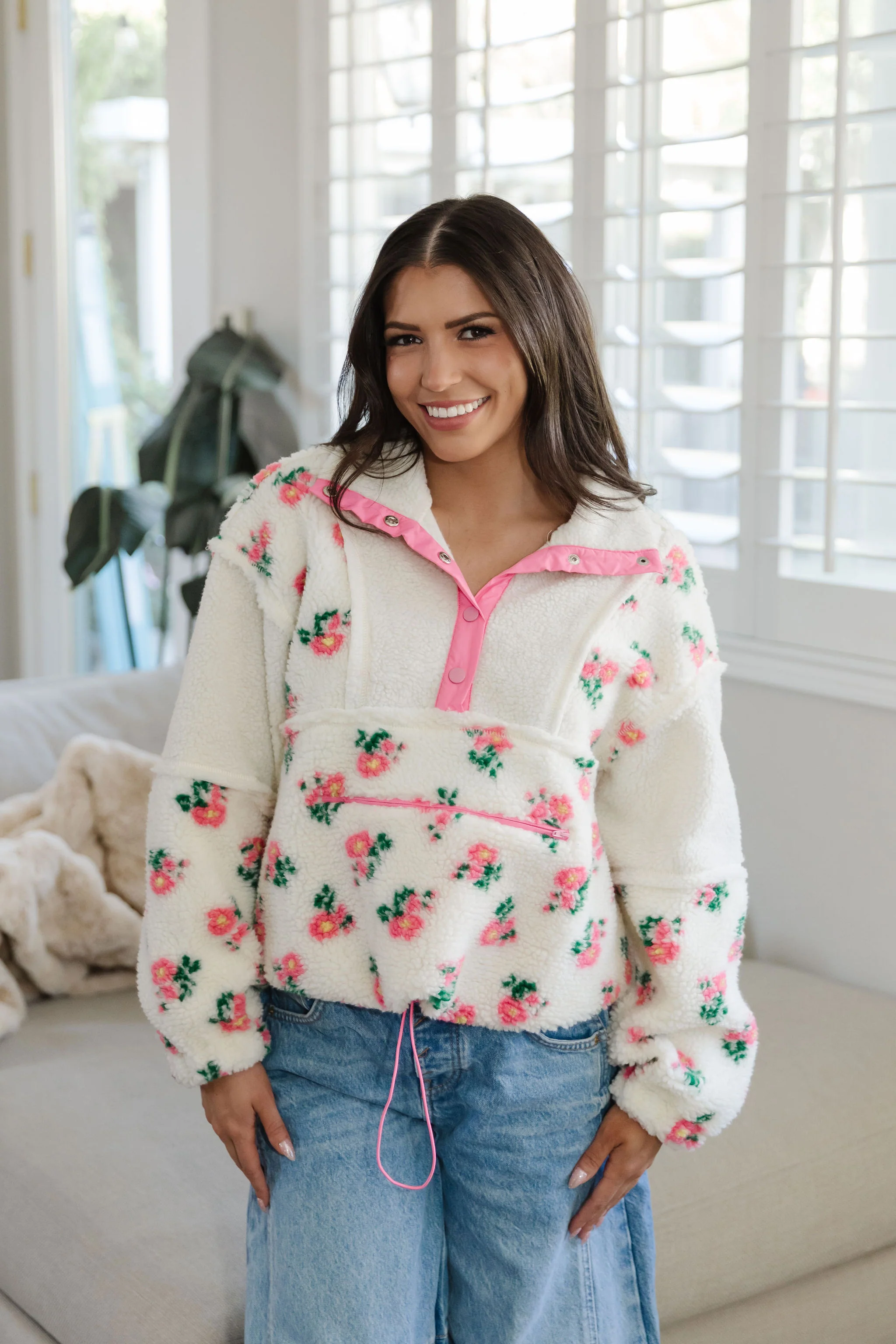 THE AMELIA PINK FLORAL SHERPA IN CREAM - Image 5