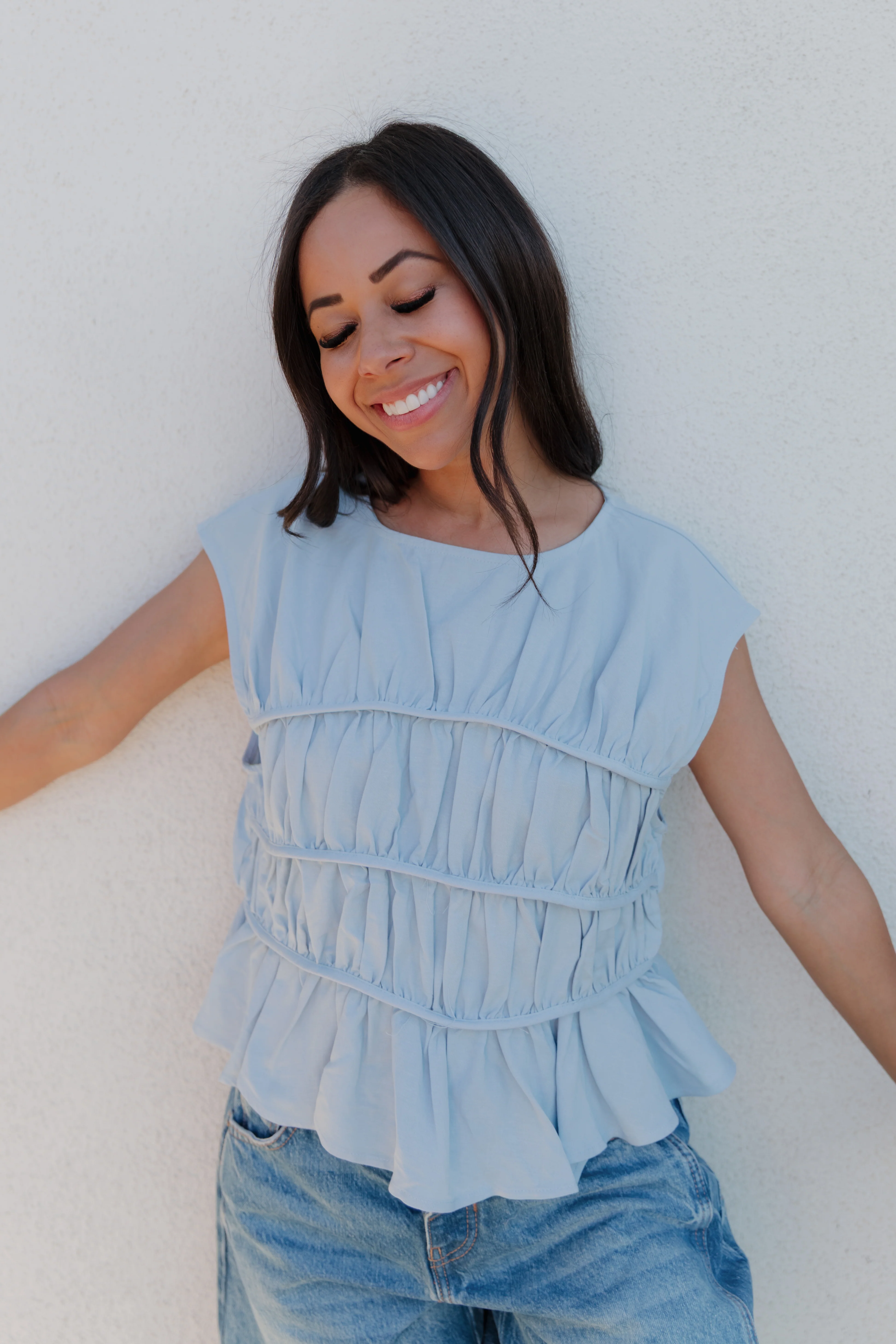 THE ANDREA RUCHED PEPLUM TOP IN SKY BLUE - Image 2