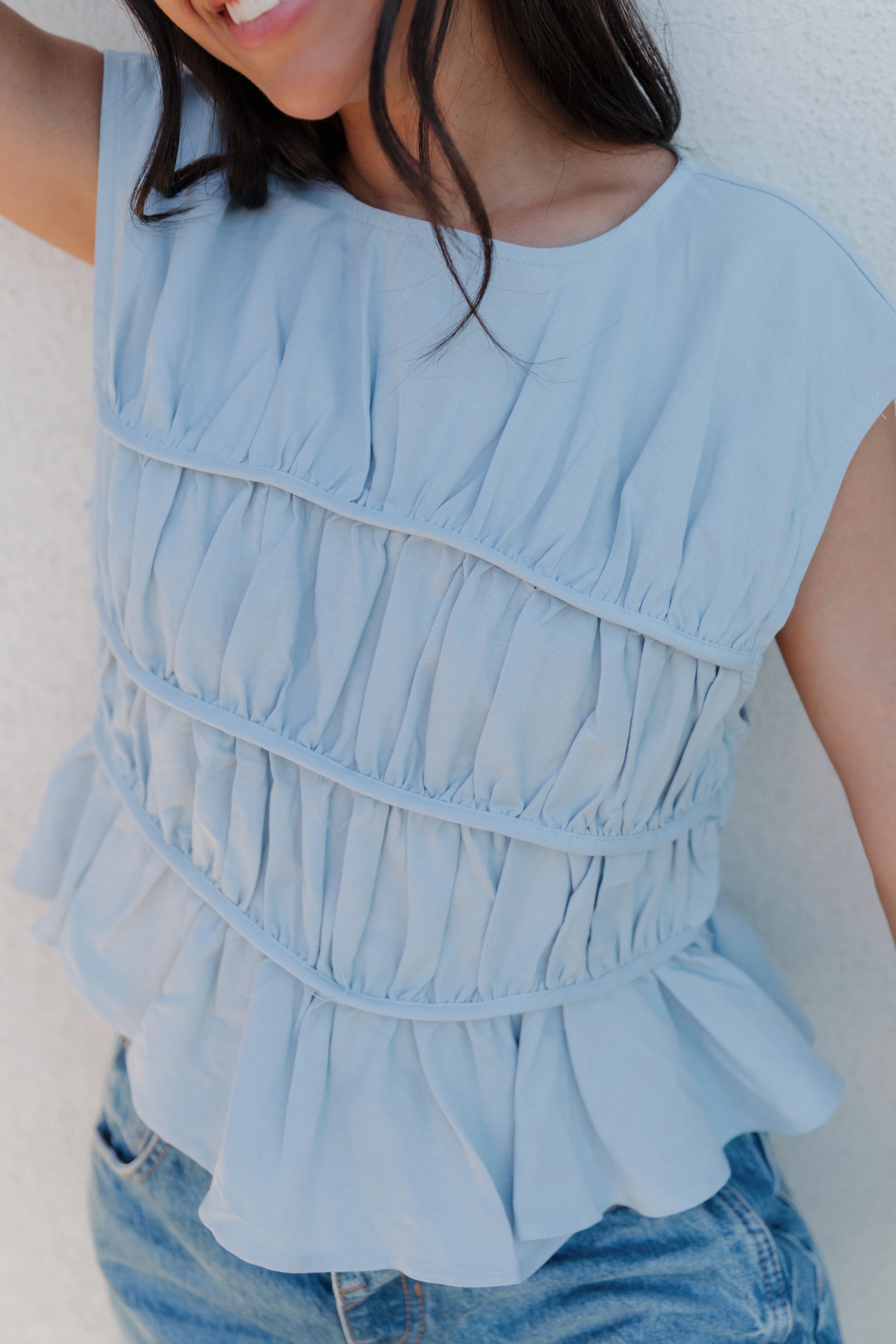 THE ANDREA RUCHED PEPLUM TOP IN SKY BLUE - Image 3