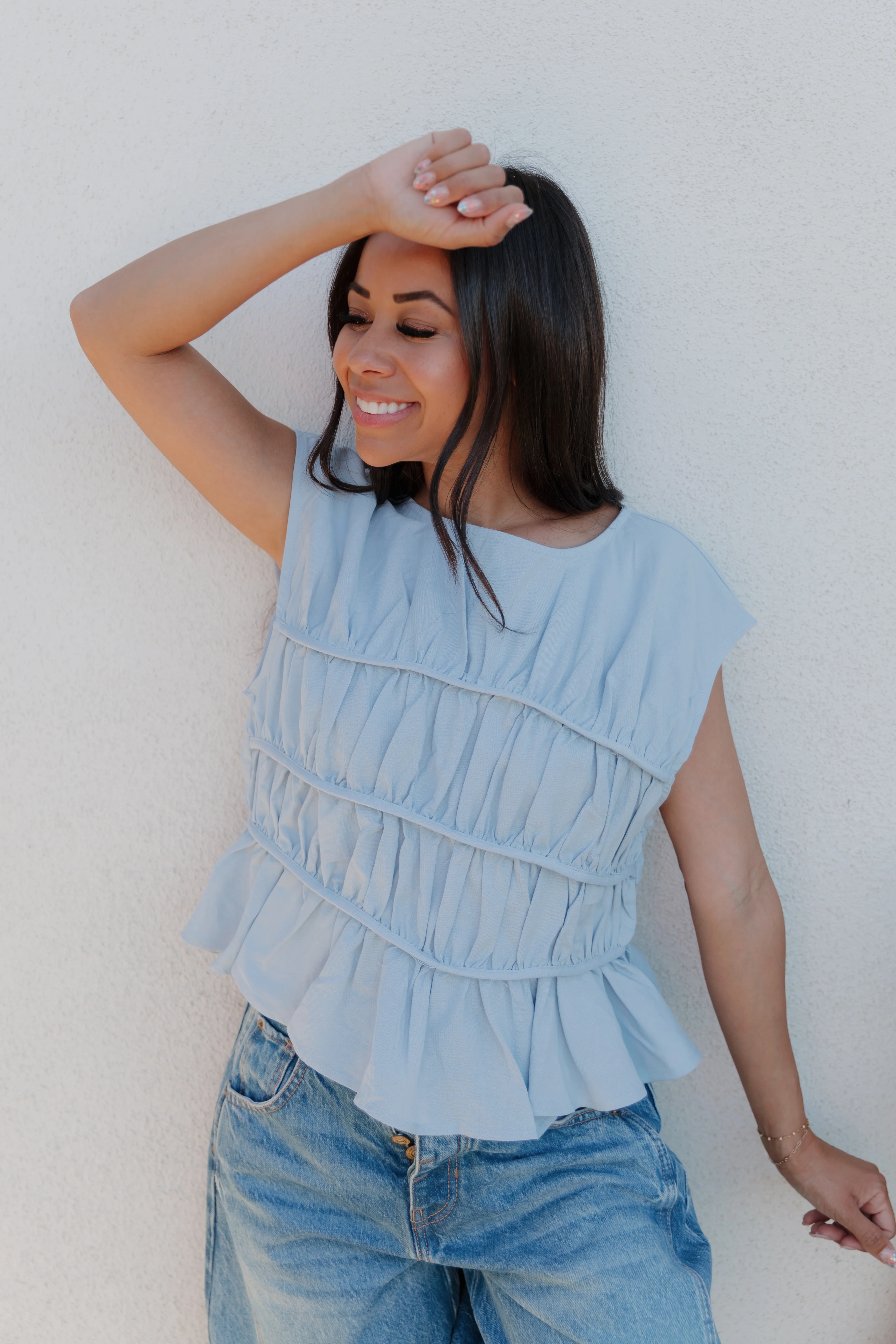THE ANDREA RUCHED PEPLUM TOP IN SKY BLUE - Image 4