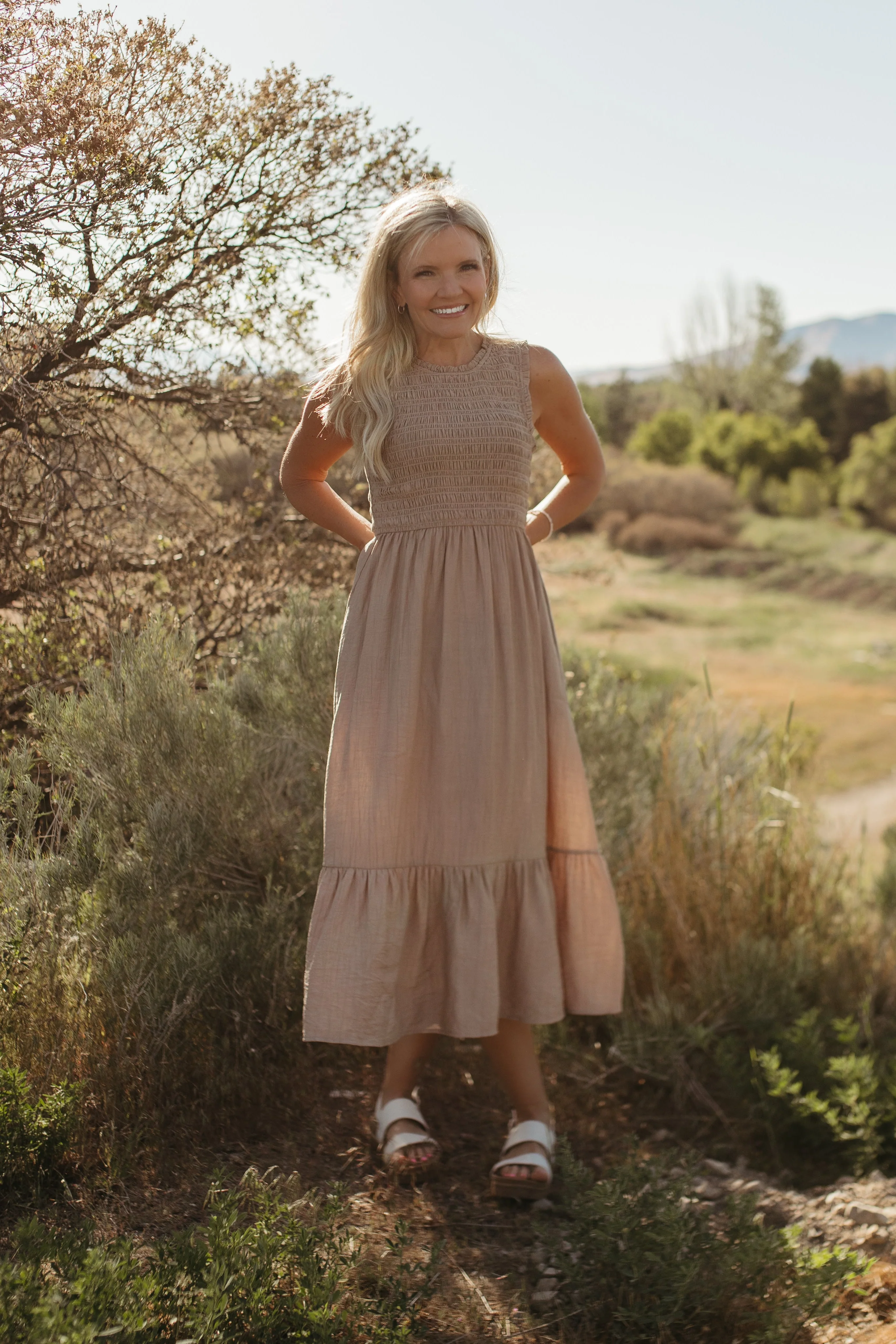 THE AUDREY SMOCKED MIDI DRESS IN SAND - Image 2