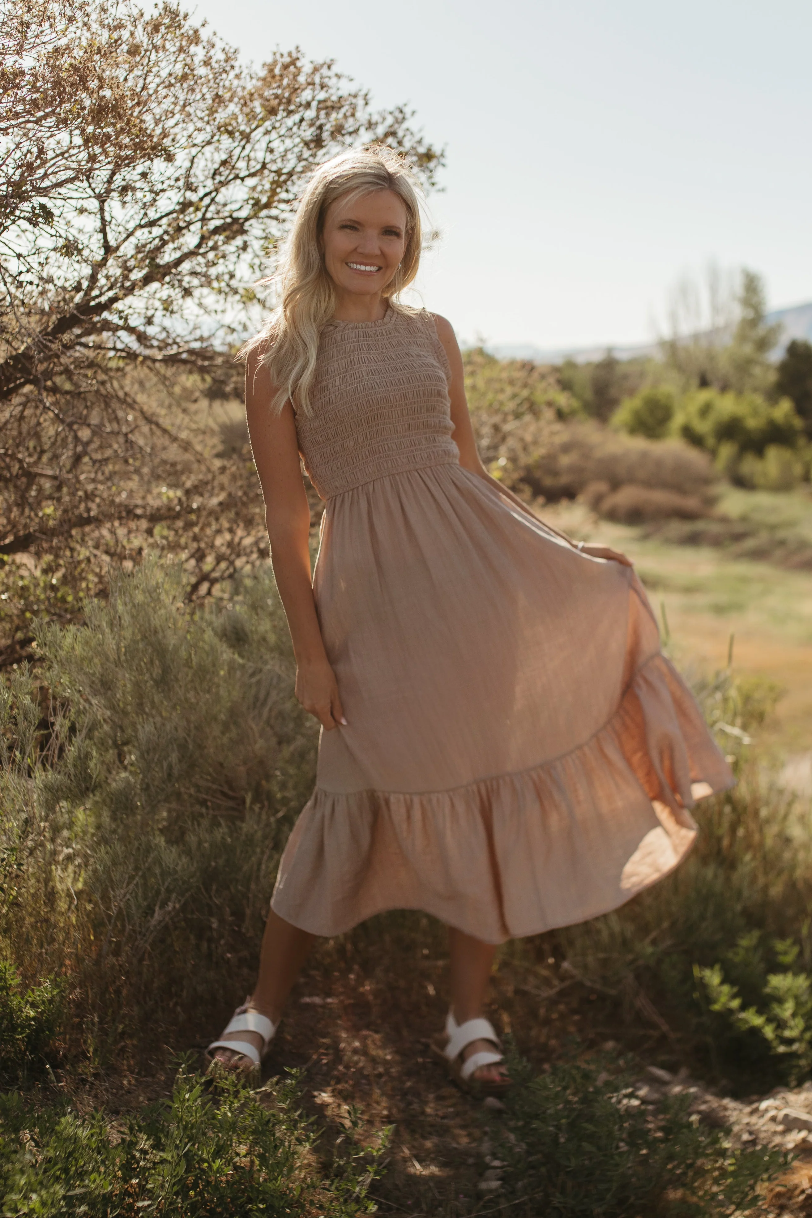 THE AUDREY SMOCKED MIDI DRESS IN SAND - Image 3