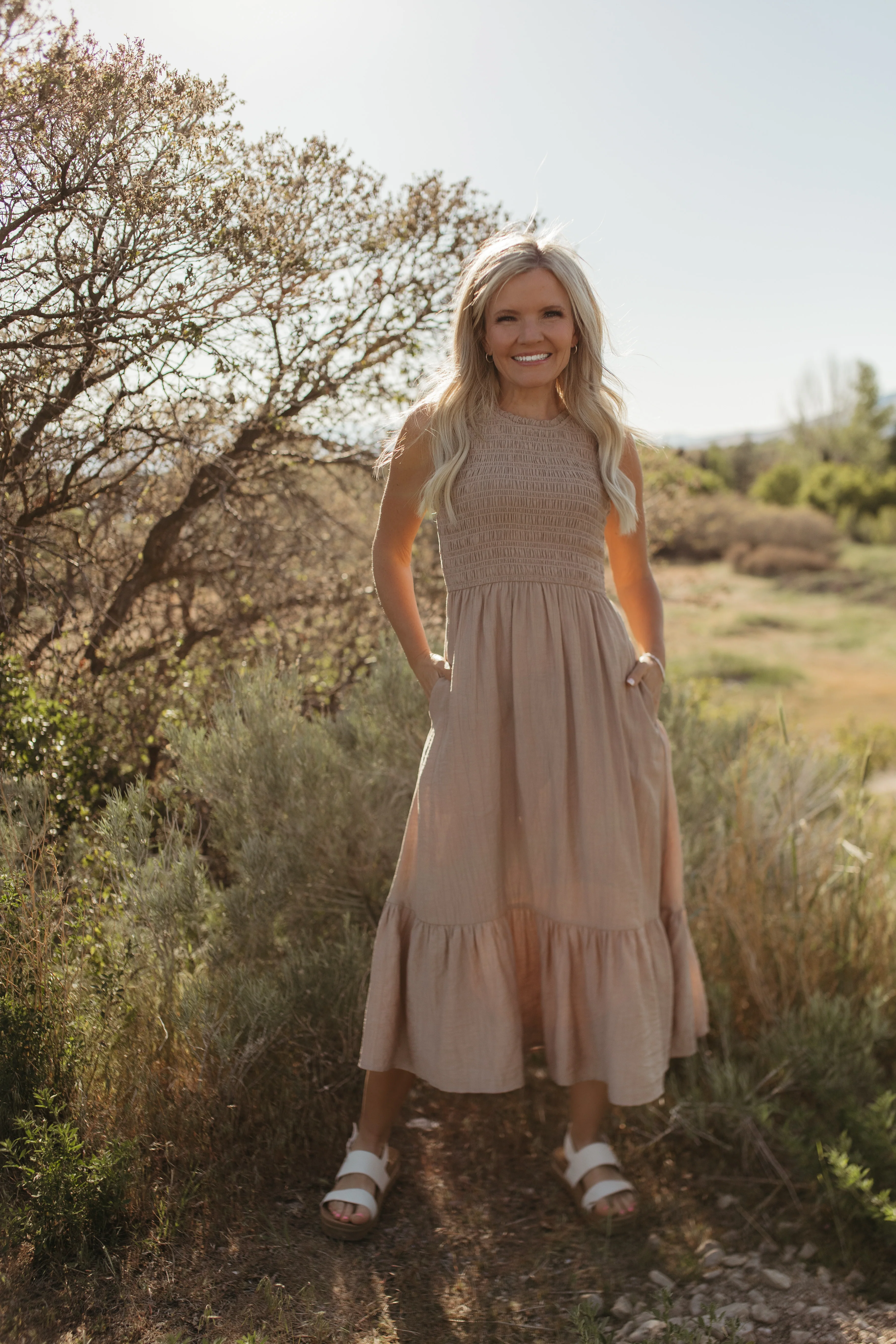 THE AUDREY SMOCKED MIDI DRESS IN SAND - Image 4