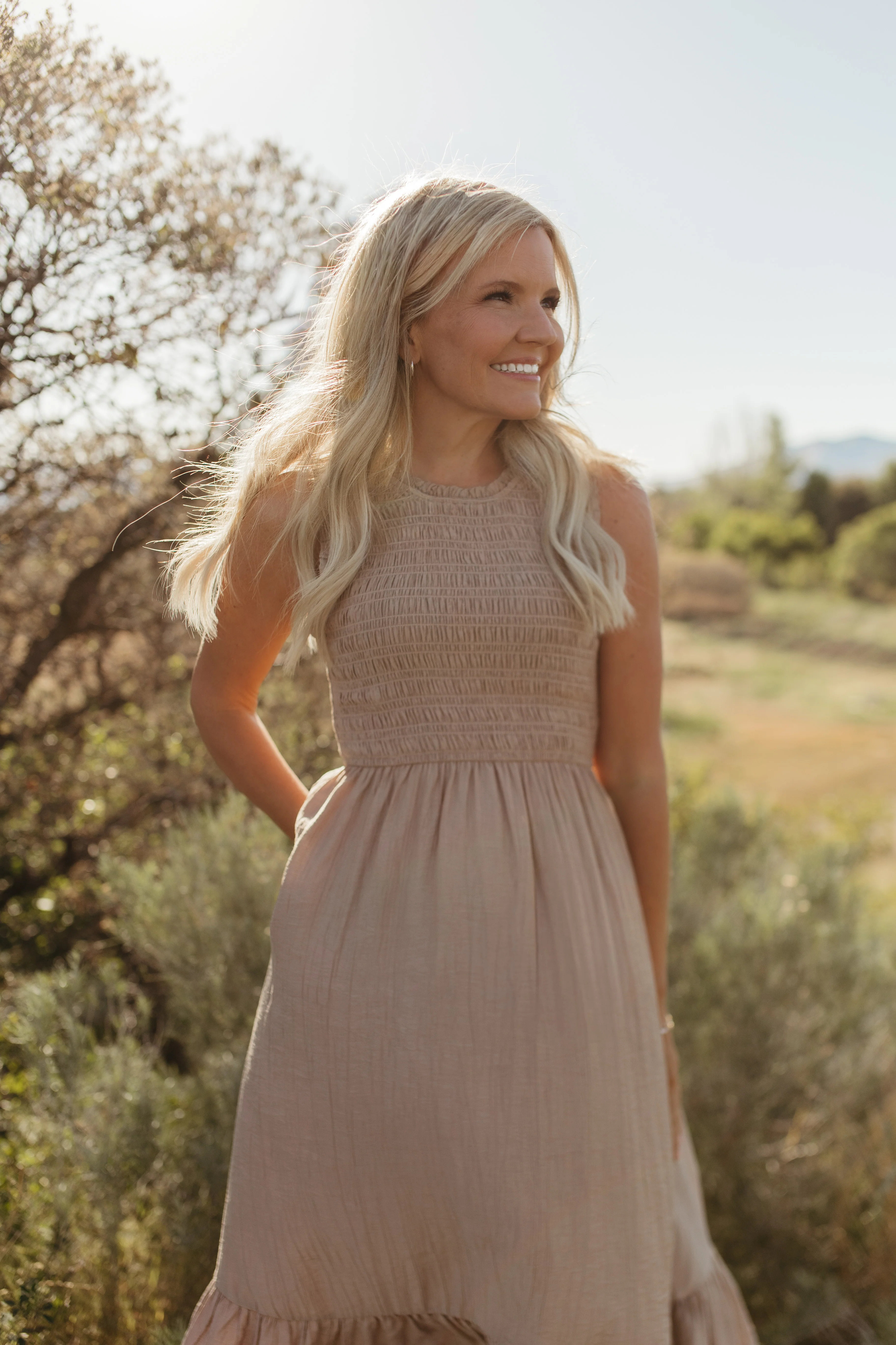 THE AUDREY SMOCKED MIDI DRESS IN SAND - Image 5