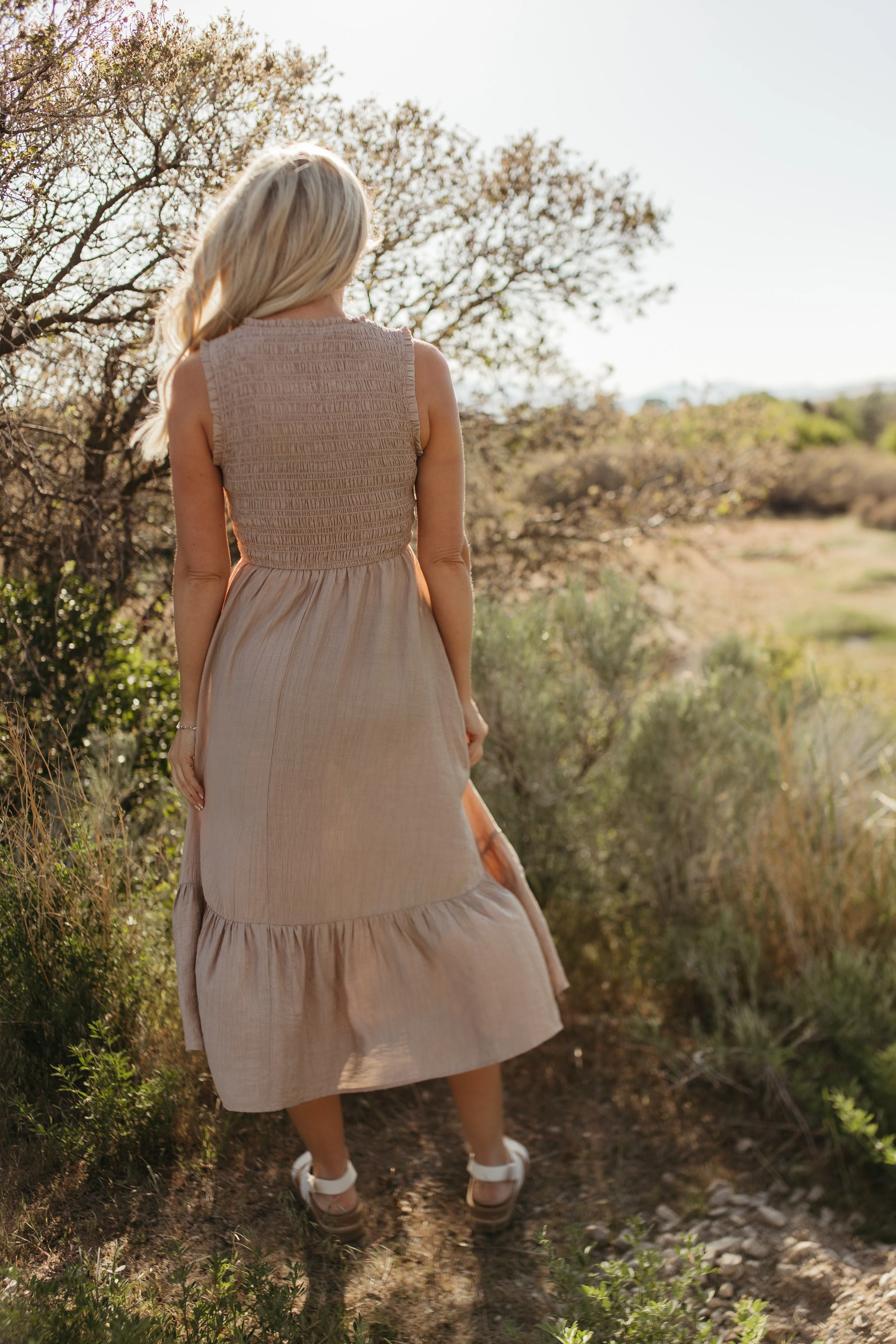 THE AUDREY SMOCKED MIDI DRESS IN SAND - Image 6
