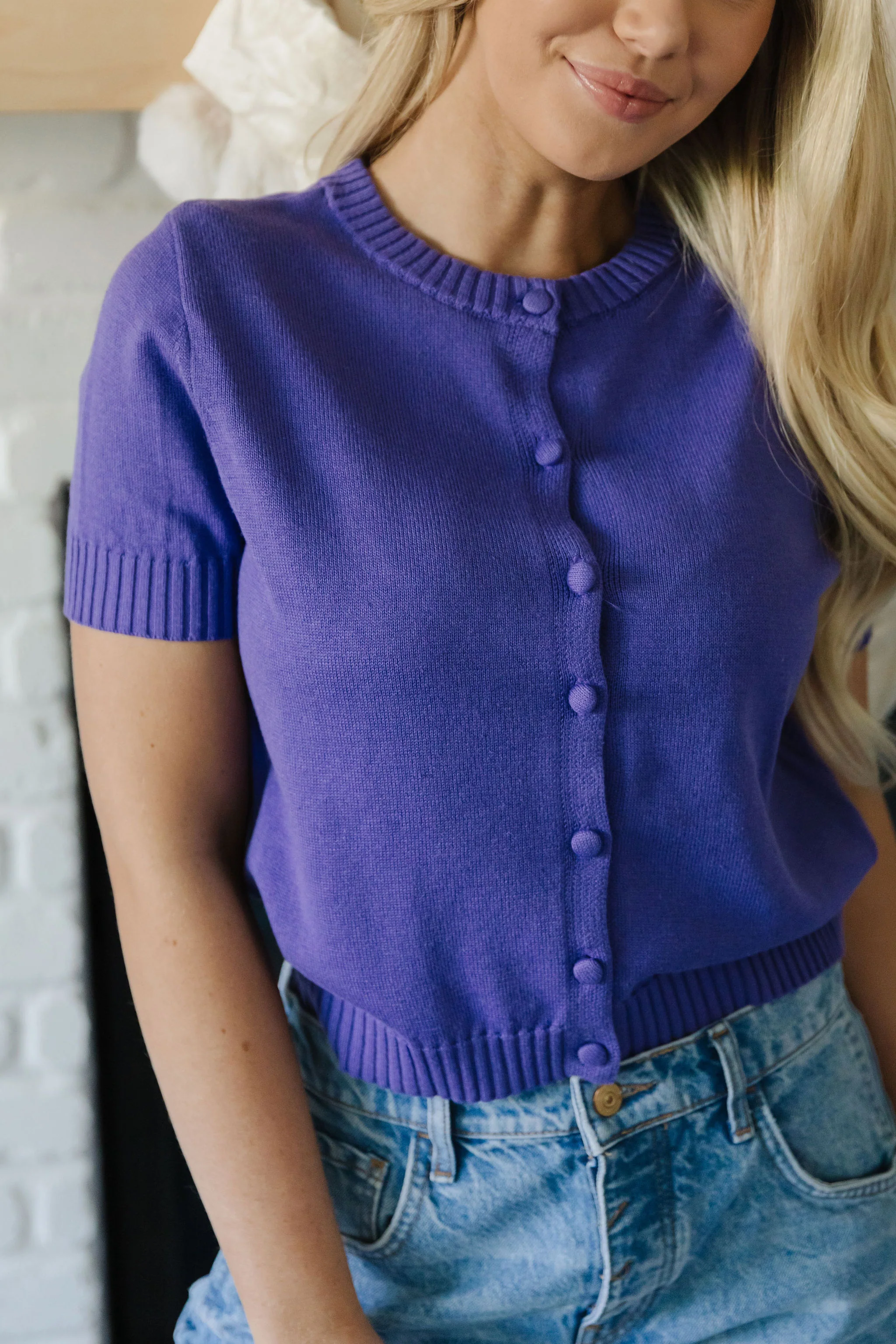 THE AVERY BUTTON DOWN SWEATER IN IRIS PURPLE - Image 2