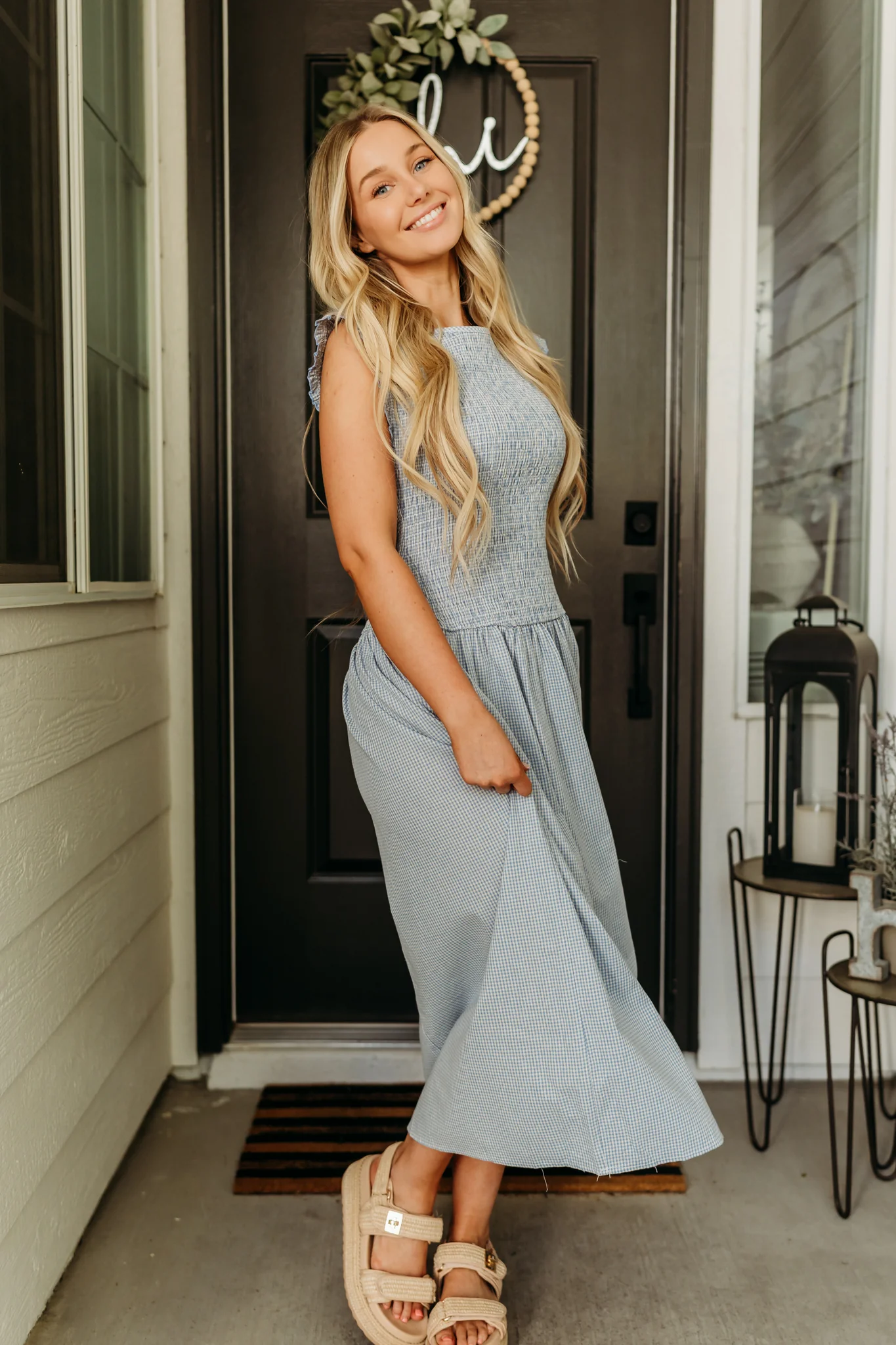 THE BLAIRE SMOCKED GINGHAM MIDI DRESS IN LIGHT BLUE - Image 3