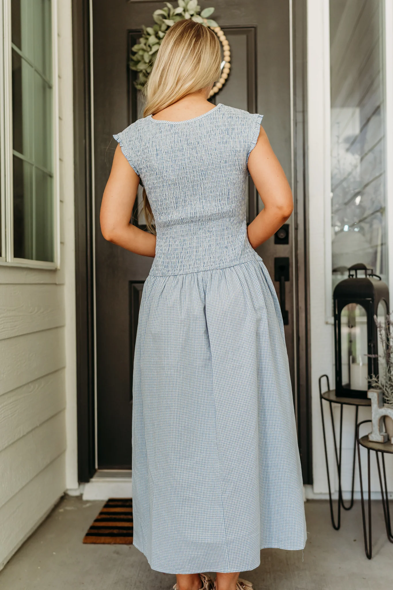 THE BLAIRE SMOCKED GINGHAM MIDI DRESS IN LIGHT BLUE - Image 5