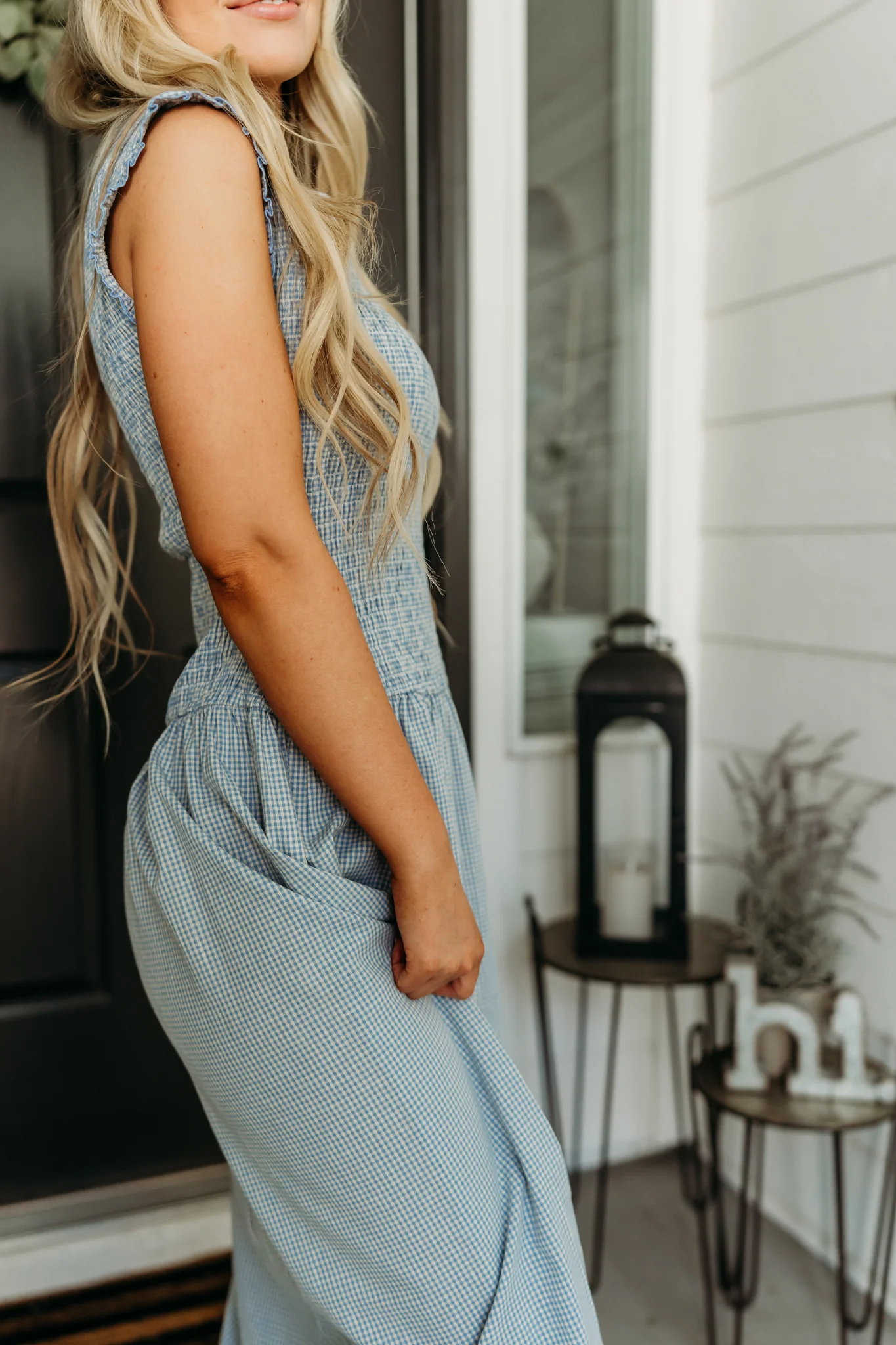 THE BLAIRE SMOCKED GINGHAM MIDI DRESS IN LIGHT BLUE - Image 6