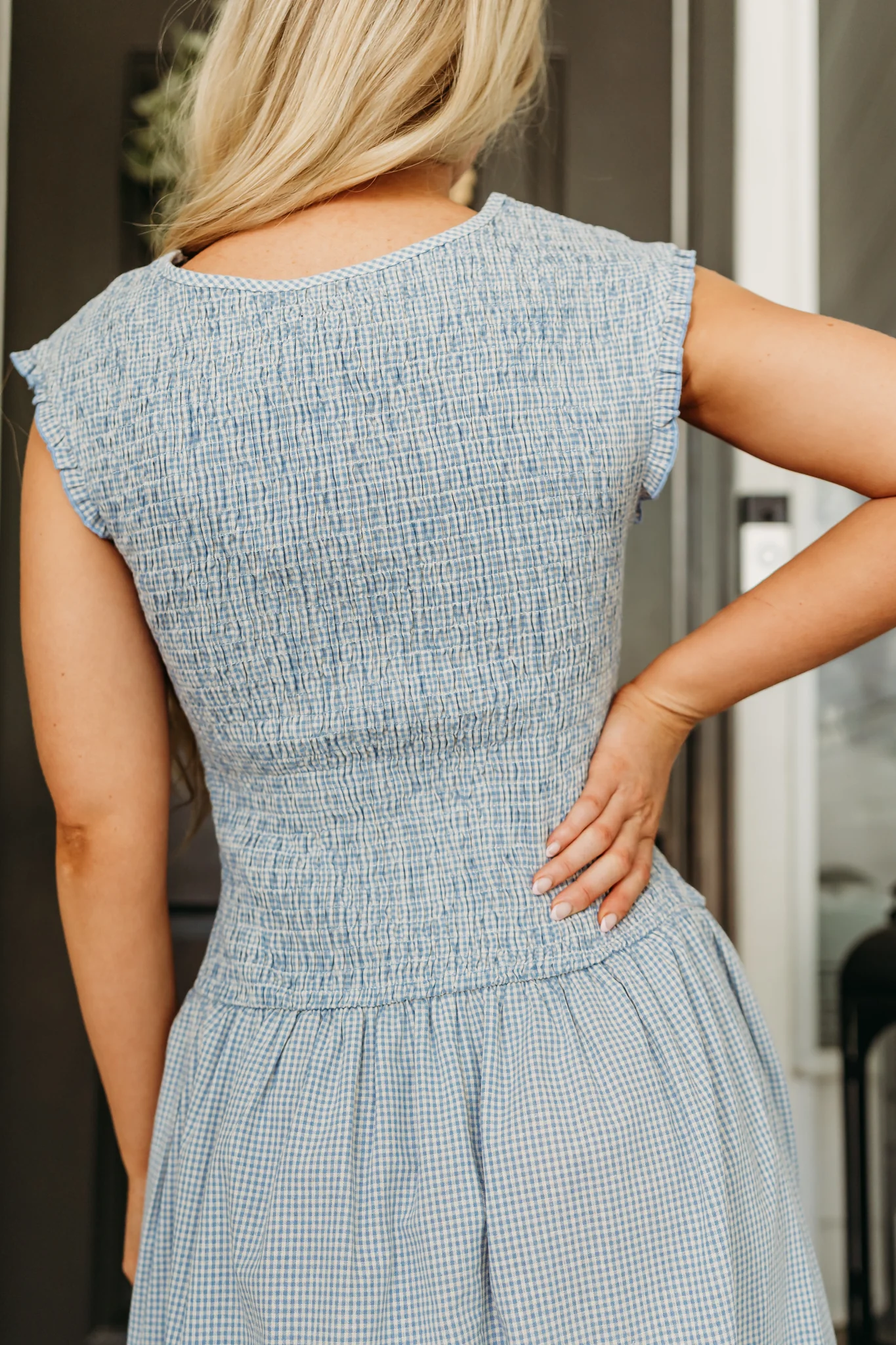 THE BLAIRE SMOCKED GINGHAM MIDI DRESS IN LIGHT BLUE - Image 7