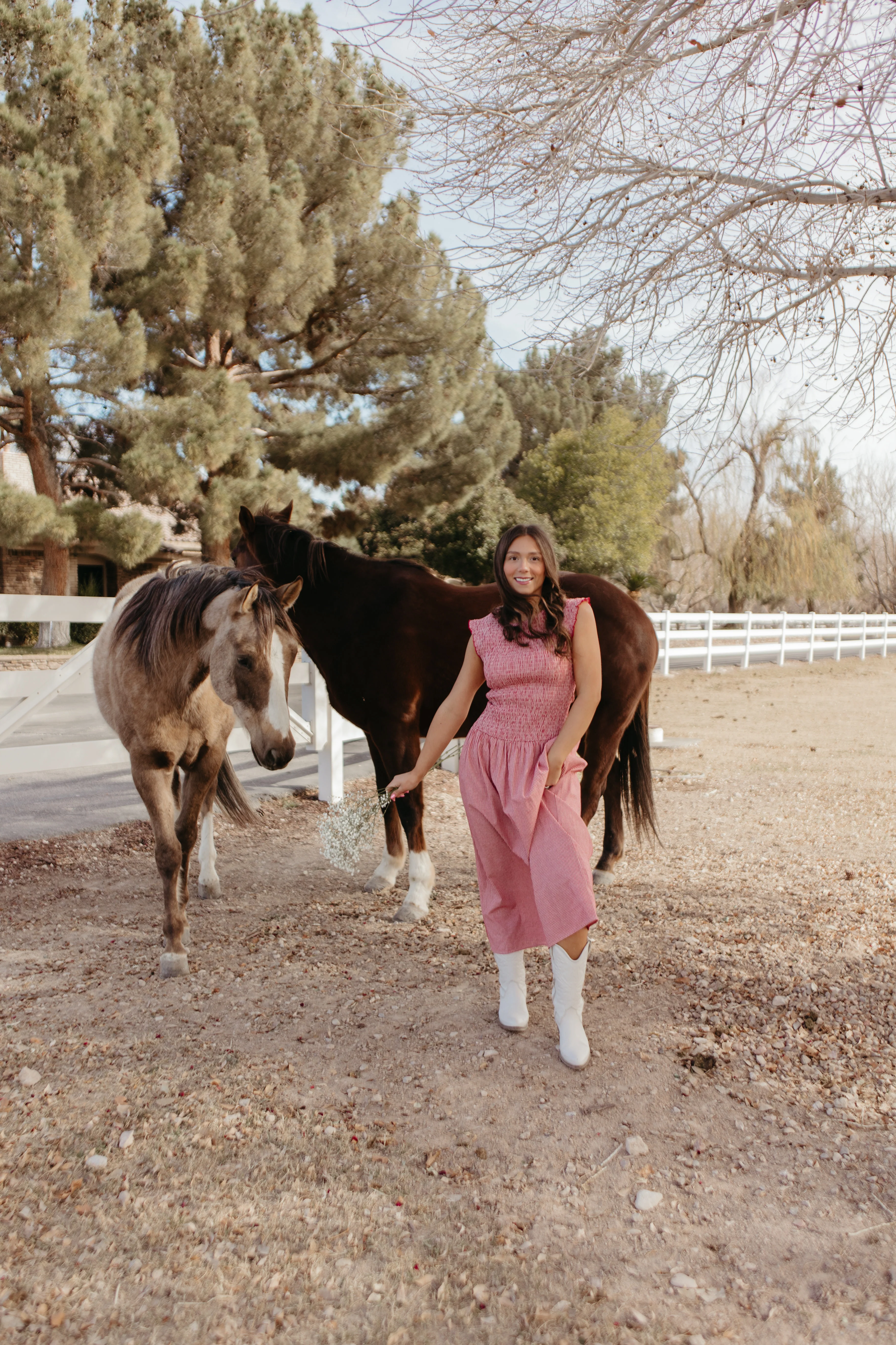 THE BLAIRE SMOCKED GINGHAM MIDI DRESS IN RED - Image 2