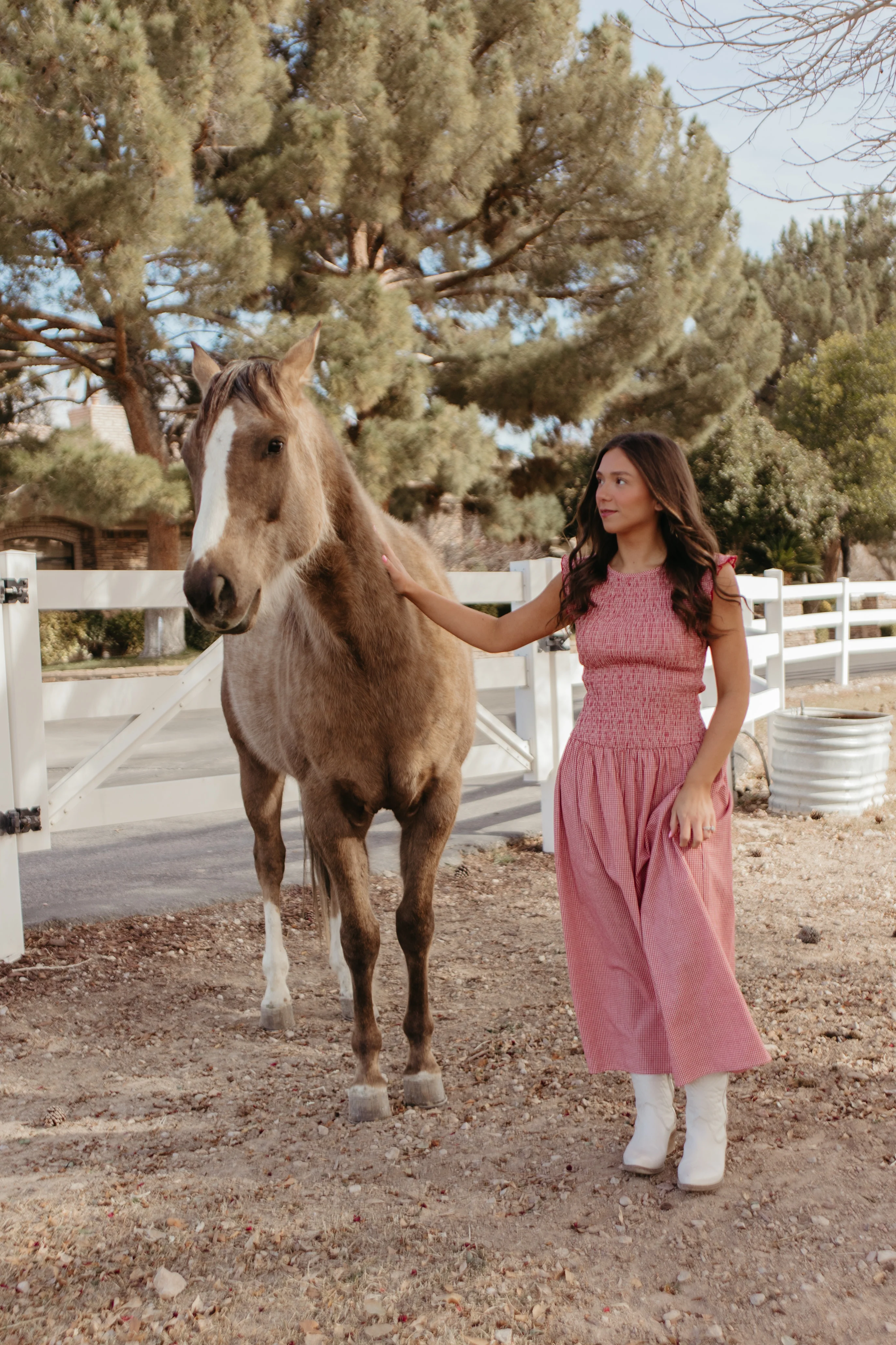 THE BLAIRE SMOCKED GINGHAM MIDI DRESS IN RED - Image 5