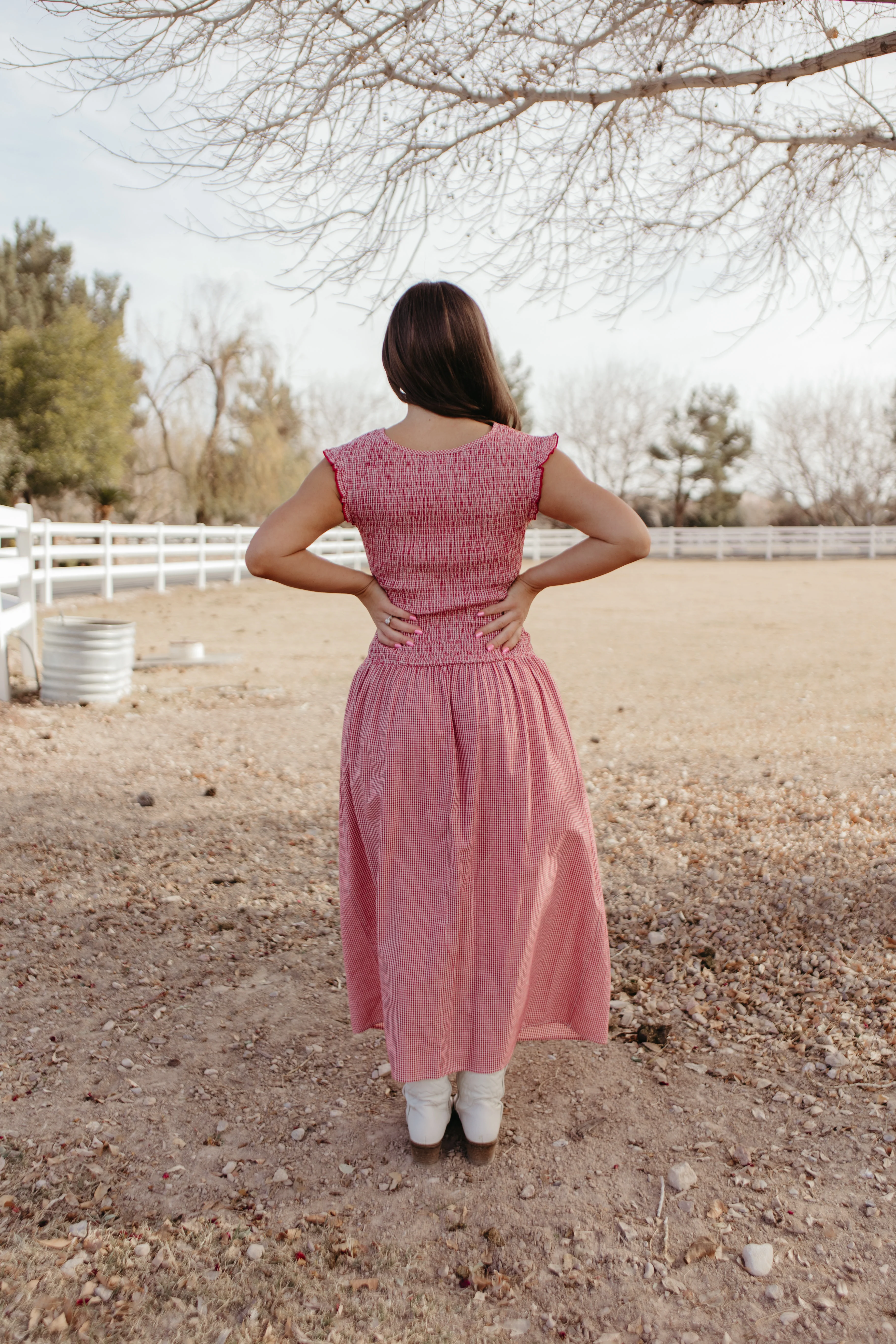 THE BLAIRE SMOCKED GINGHAM MIDI DRESS IN RED - Image 6