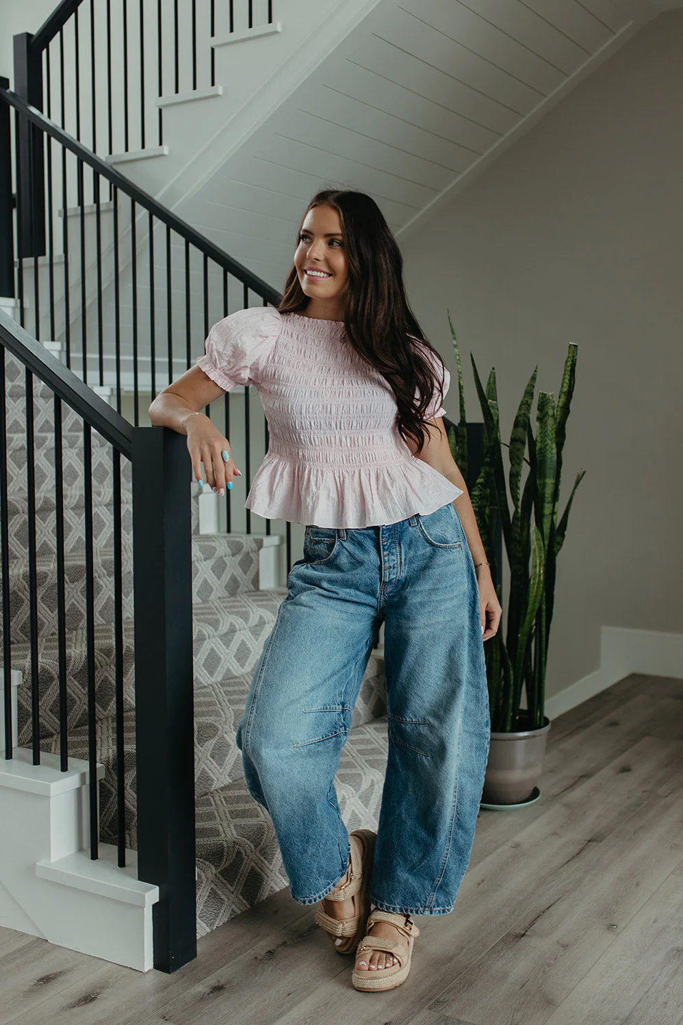 THE CAMILA PUFF SLEEVE SMOCKED TOP IN PINK - Image 2