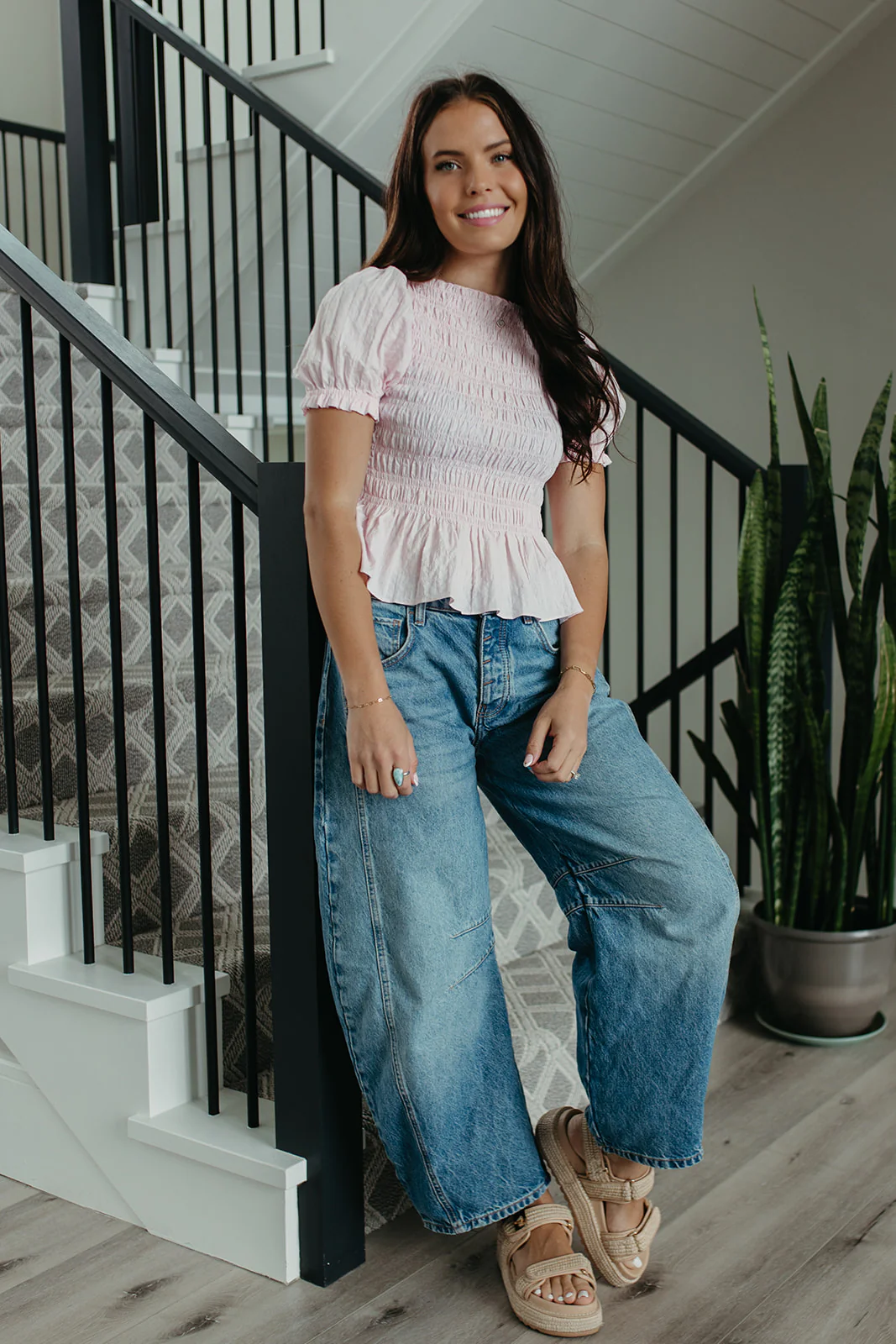 THE CAMILA PUFF SLEEVE SMOCKED TOP IN PINK - Image 3