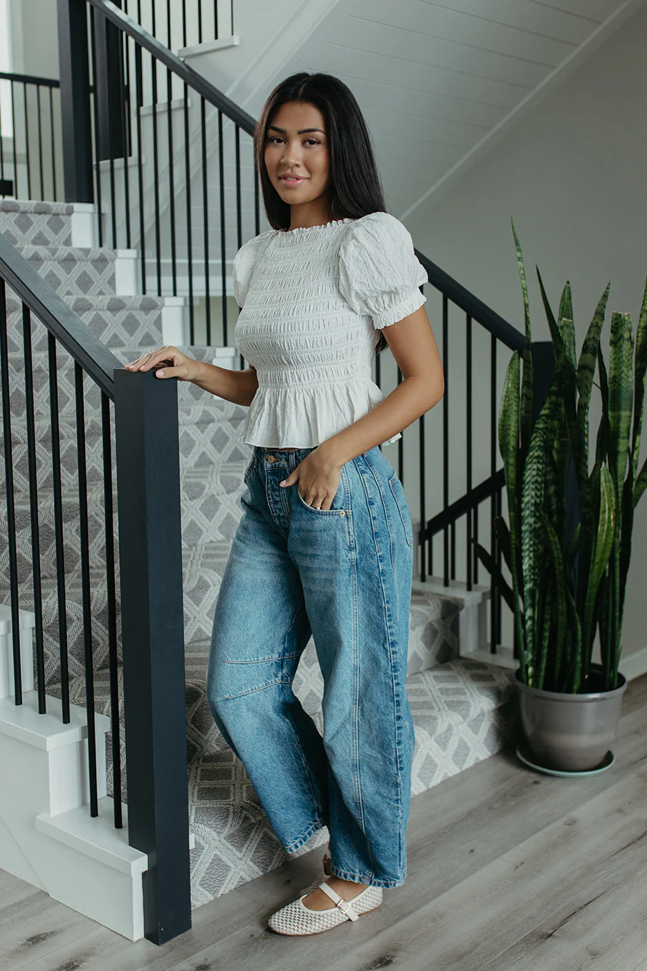 THE CAMILA PUFF SLEEVE SMOCKED TOP IN WHITE - Image 2