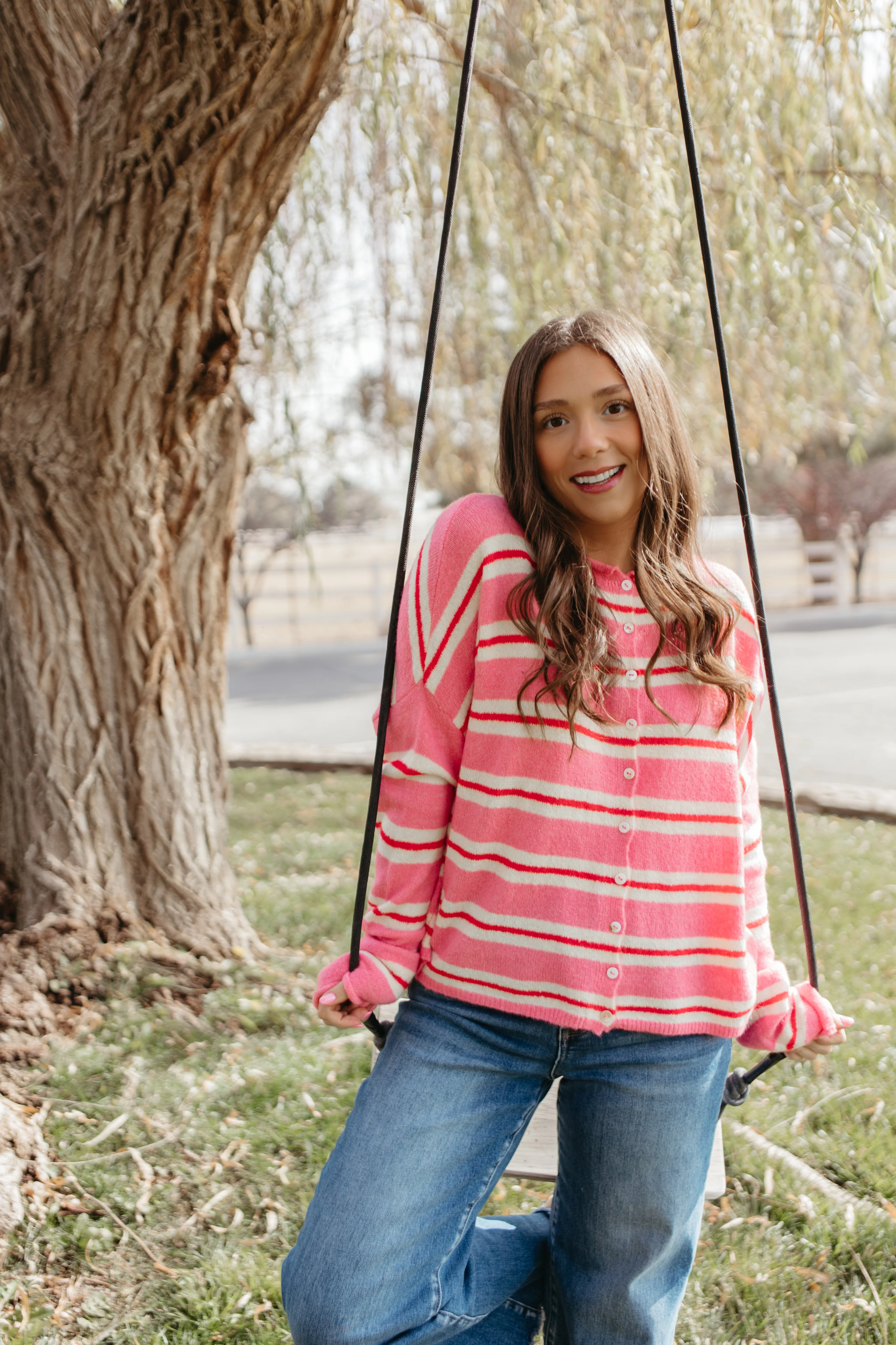 THE CAMPBELL CARDIGAN IN PINK VARSITY STRIPE - Image 3