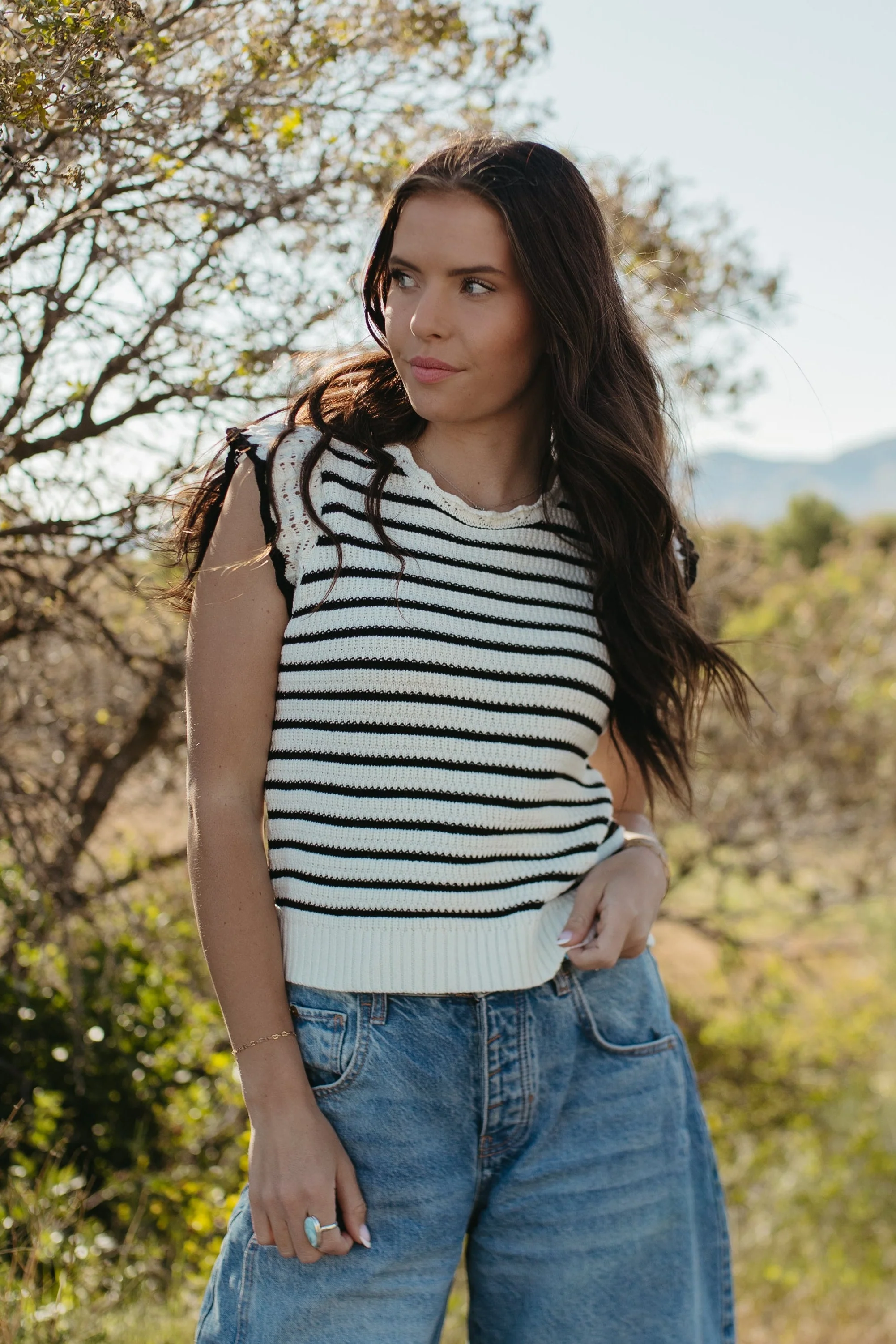 THE CECILY SCALLOPED STRIPED TOP IN BLACK