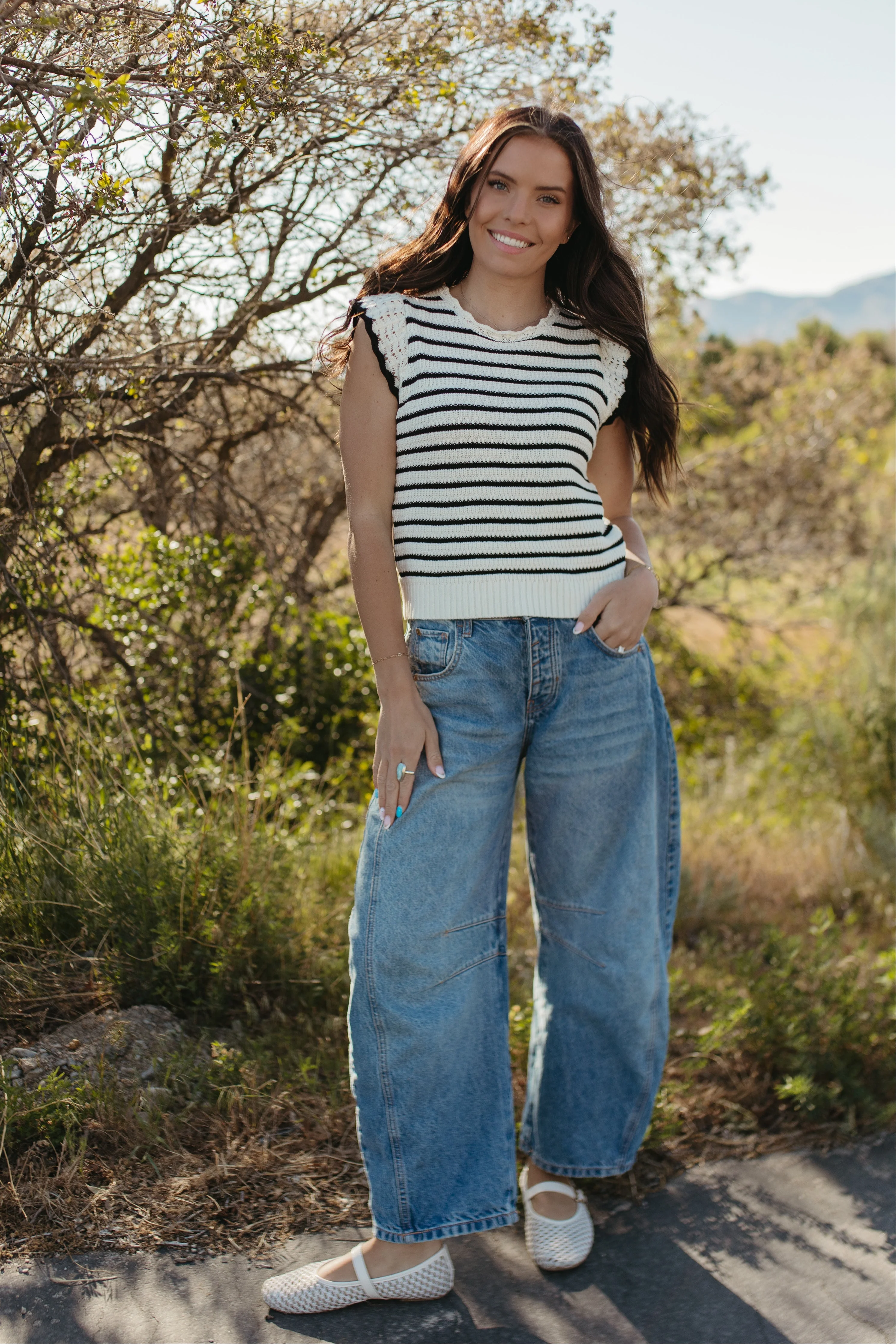 THE CECILY SCALLOPED STRIPED TOP IN BLACK - Image 2