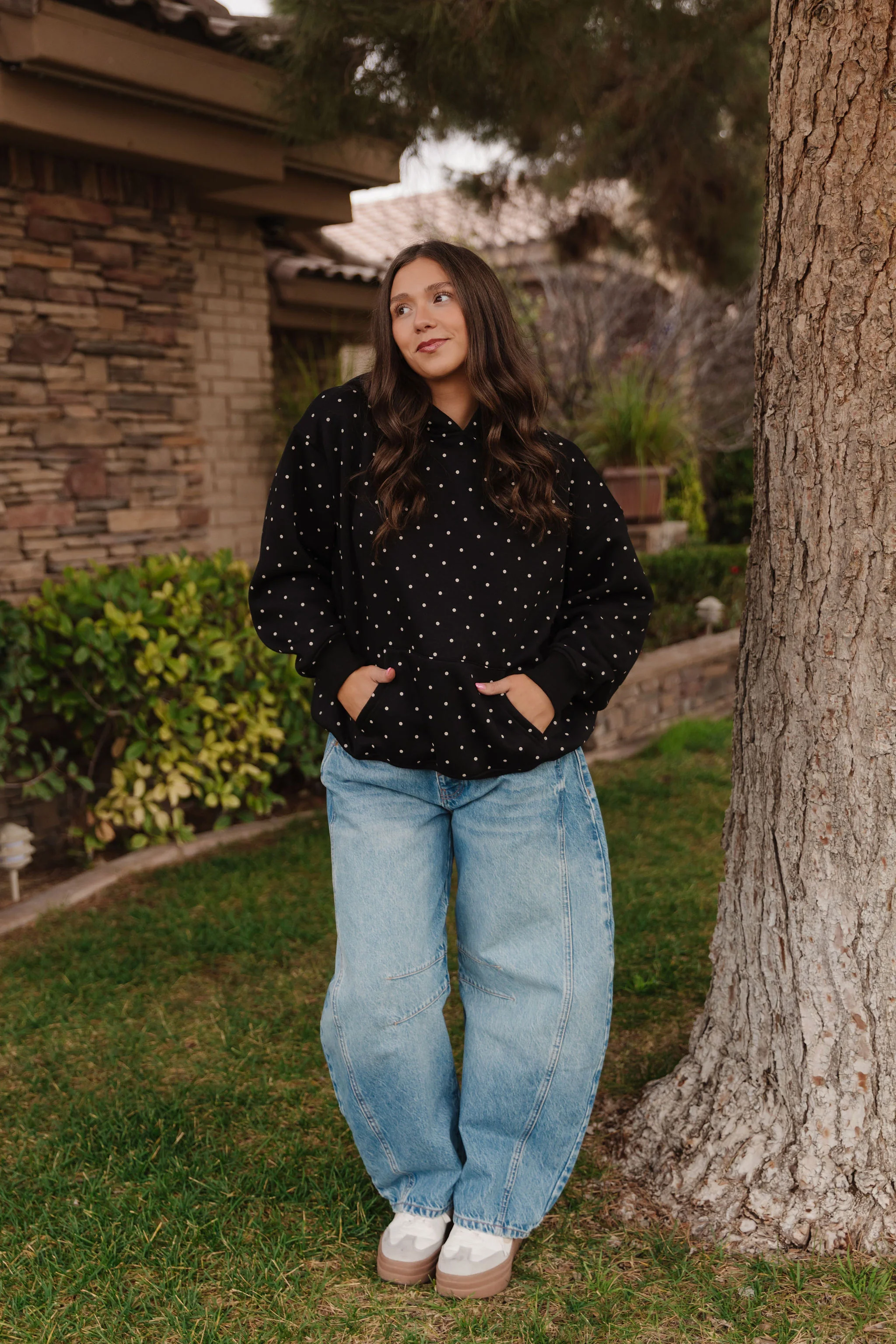 THE CLAIRE POLKADOT HOODIE IN BLACK - Image 2