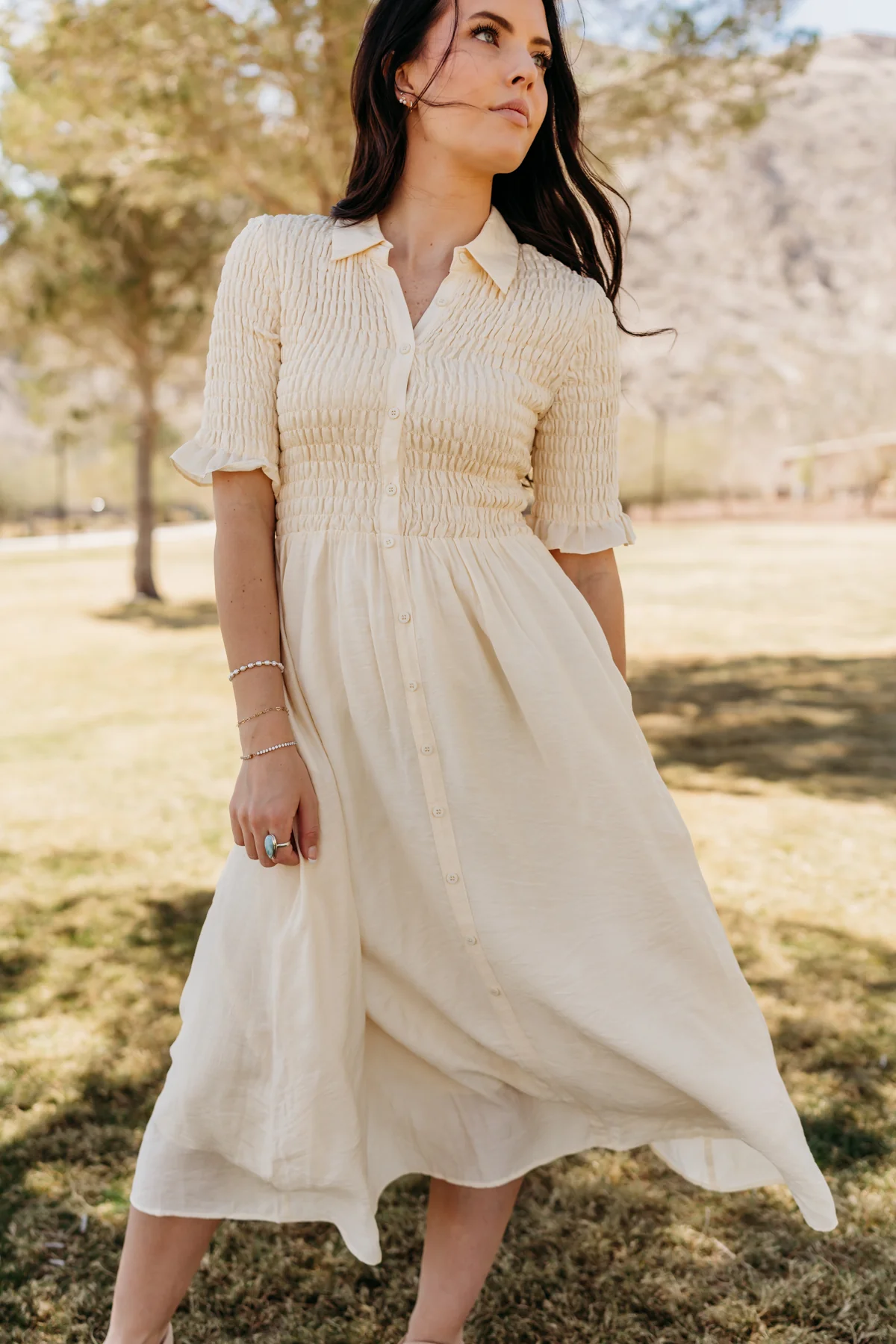 THE CRESSIDA SMOCKED MIDI DRESS IN CREAM - Image 2