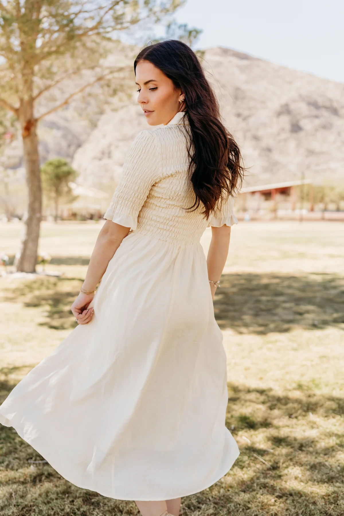 THE CRESSIDA SMOCKED MIDI DRESS IN CREAM - Image 3