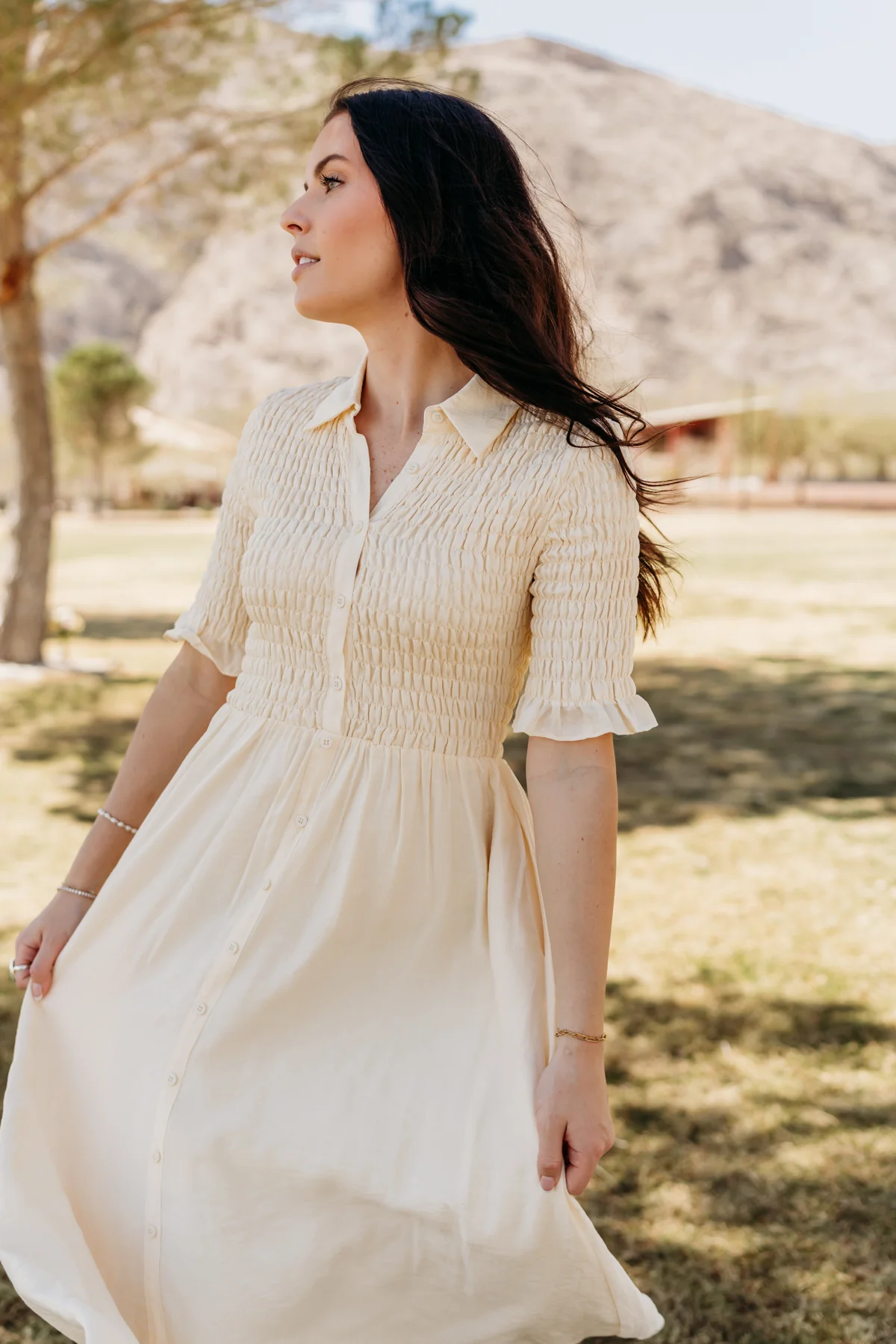 THE CRESSIDA SMOCKED MIDI DRESS IN CREAM - Image 4