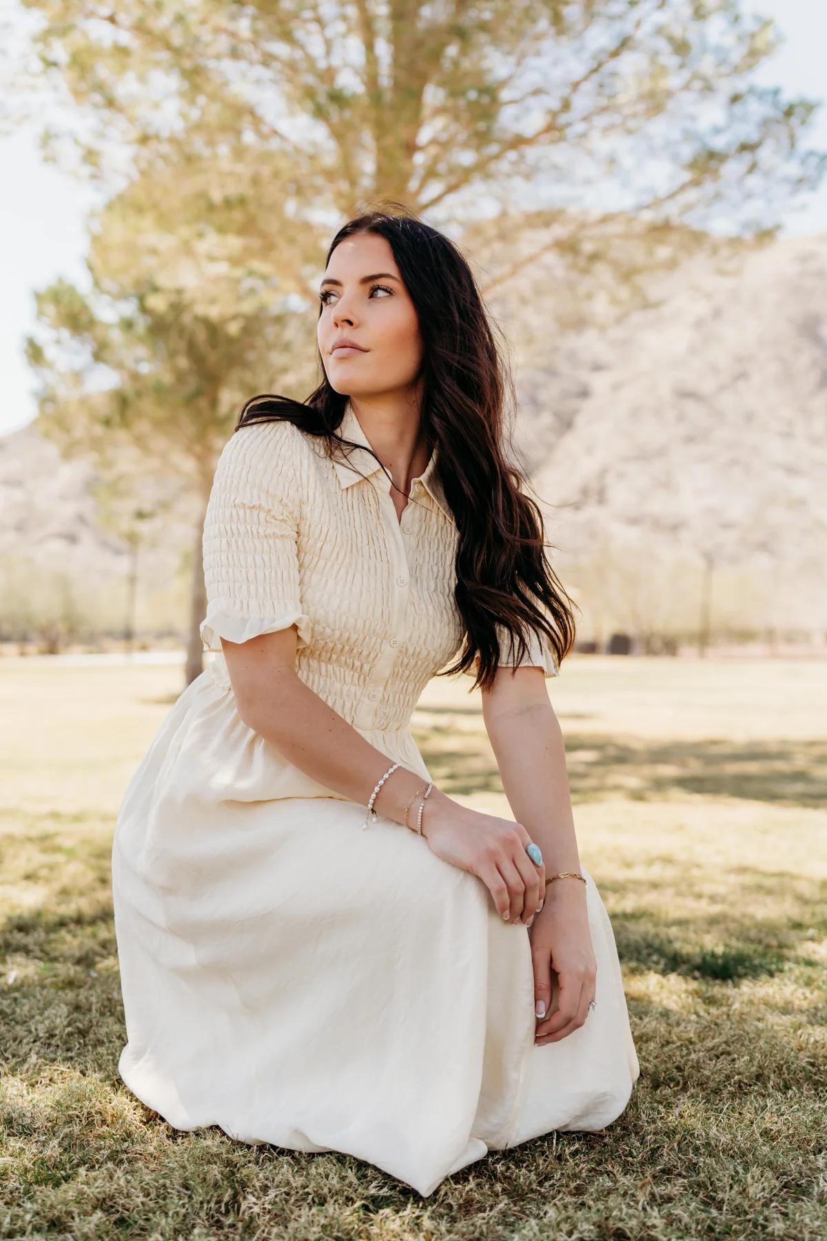 THE CRESSIDA SMOCKED MIDI DRESS IN CREAM - Image 6