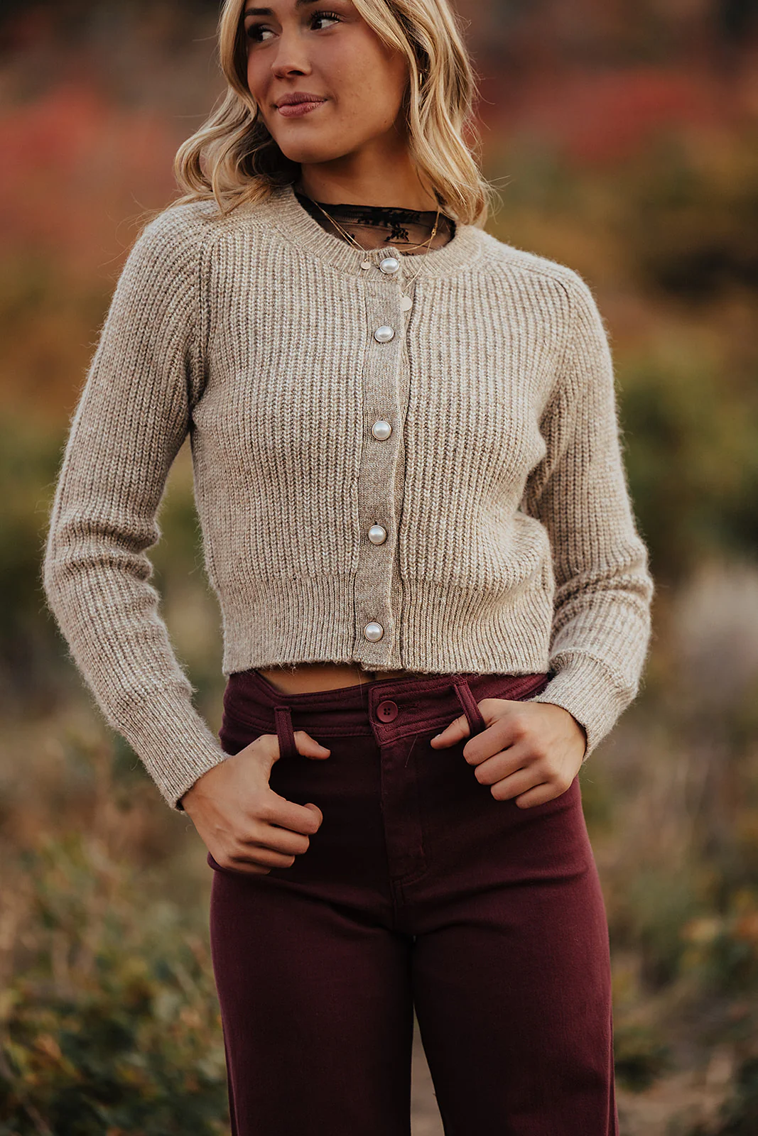 THE CREW PEARL BUTTON DOWN KNIT CARDIGAN IN TAUPE - Image 2