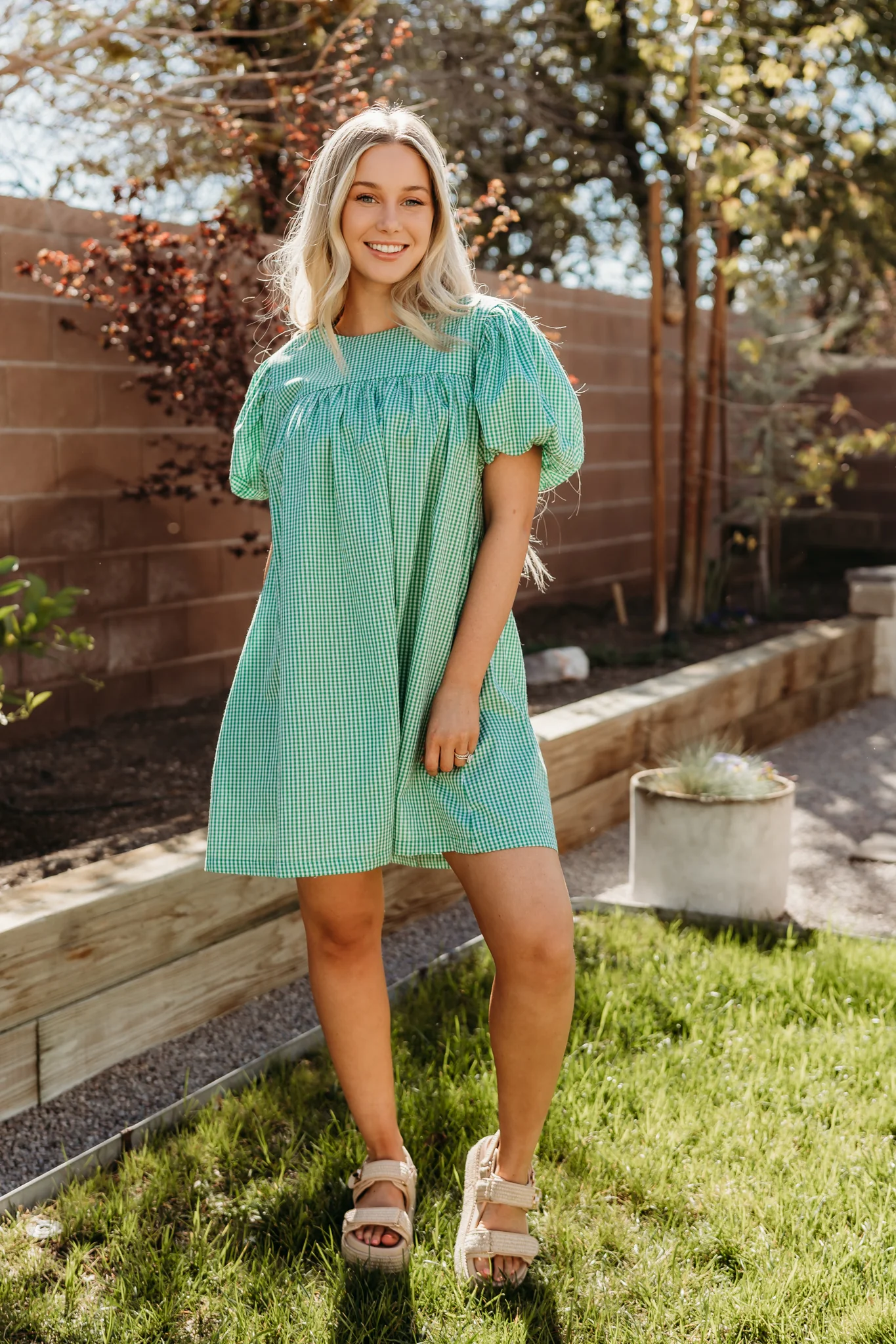 THE DAISY BABYDOLL GINGHAM DRESS IN GREEN - Image 2