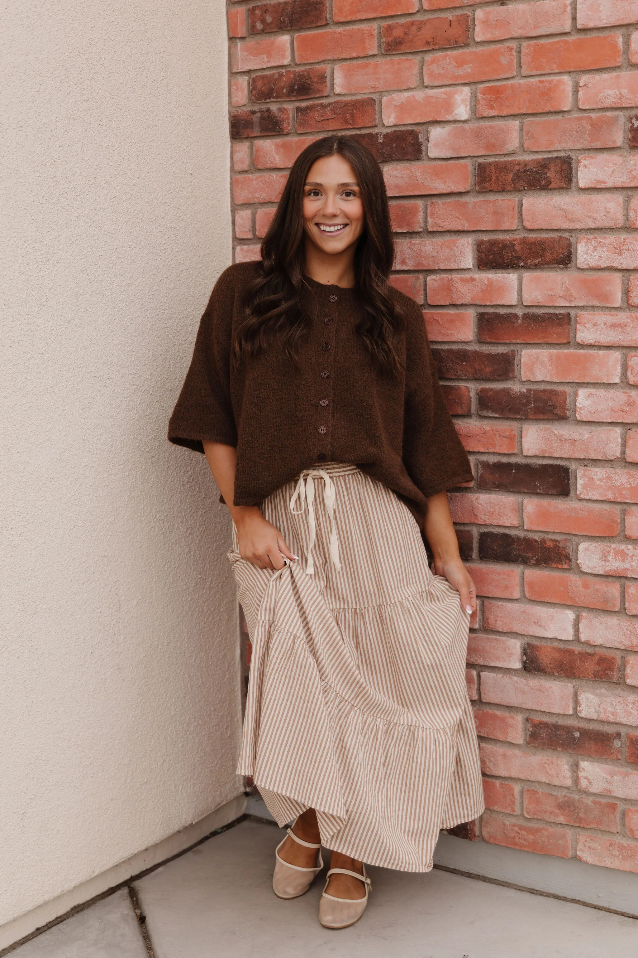 THE DELILAH STRIPED SKIRT IN TAUPE - Image 6